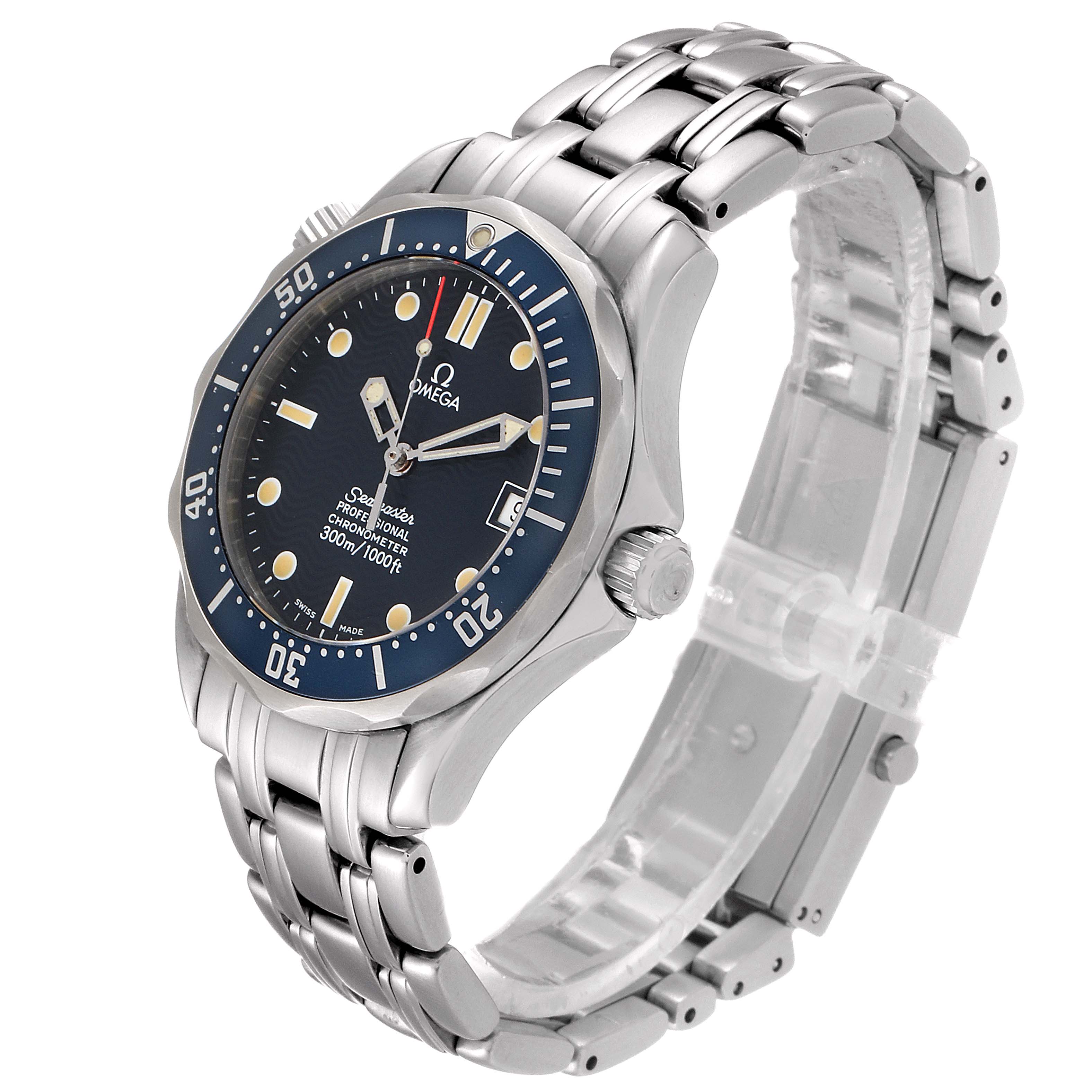 The Omega Seamaster 2551.80.00 Men's Stainless Steel Blue Dial 2551.80.00 Men's Stainless Steel Blue Dial watch is shown from an angled side view, highlighting the face, bezel, and stainless-steel bracelet.