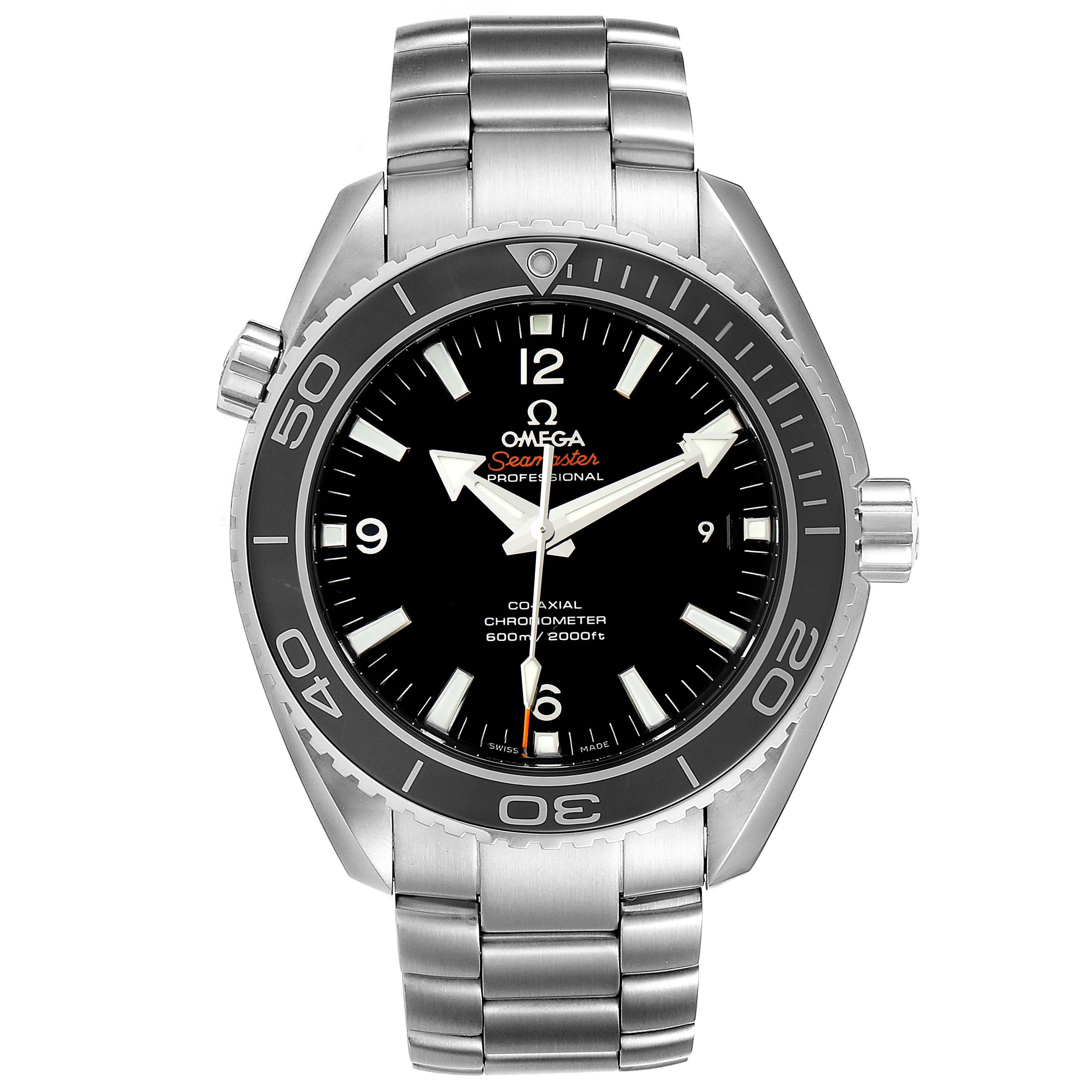 The image shows a front view of the Omega Planet Ocean 232.30.46.21.01.001 Men's Stainless Steel Black Dial 232.30.46.21.01.001 Men's Stainless Steel Black Dial watch, highlighting its dial, bezel, and stainless steel bracelet.