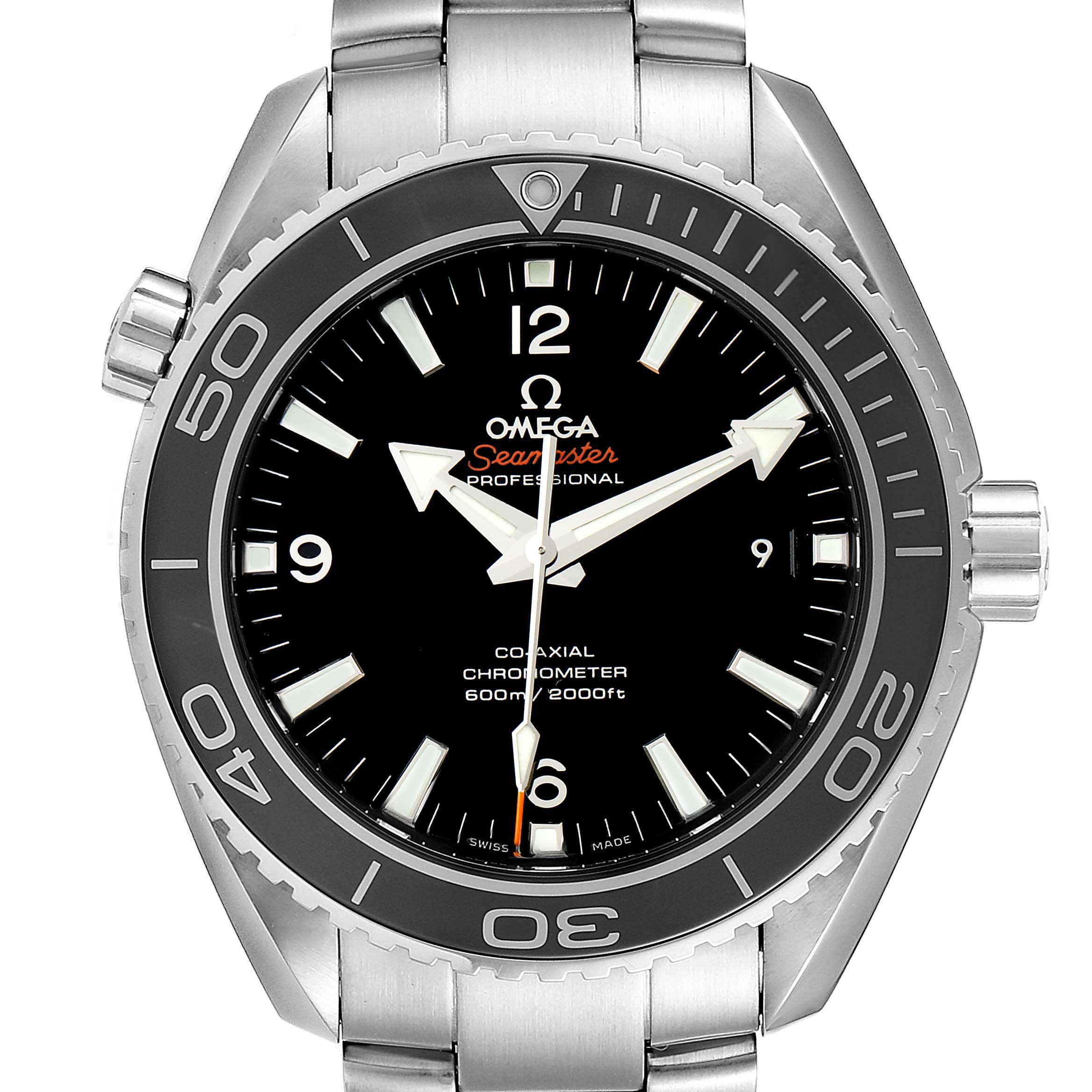 The Omega Planet Ocean 232.30.46.21.01.001 Men's Stainless Steel Black Dial 232.30.46.21.01.001 Men's Stainless Steel Black Dial model watch is shown from a front angle, displaying its face, bezel, and bracelet.