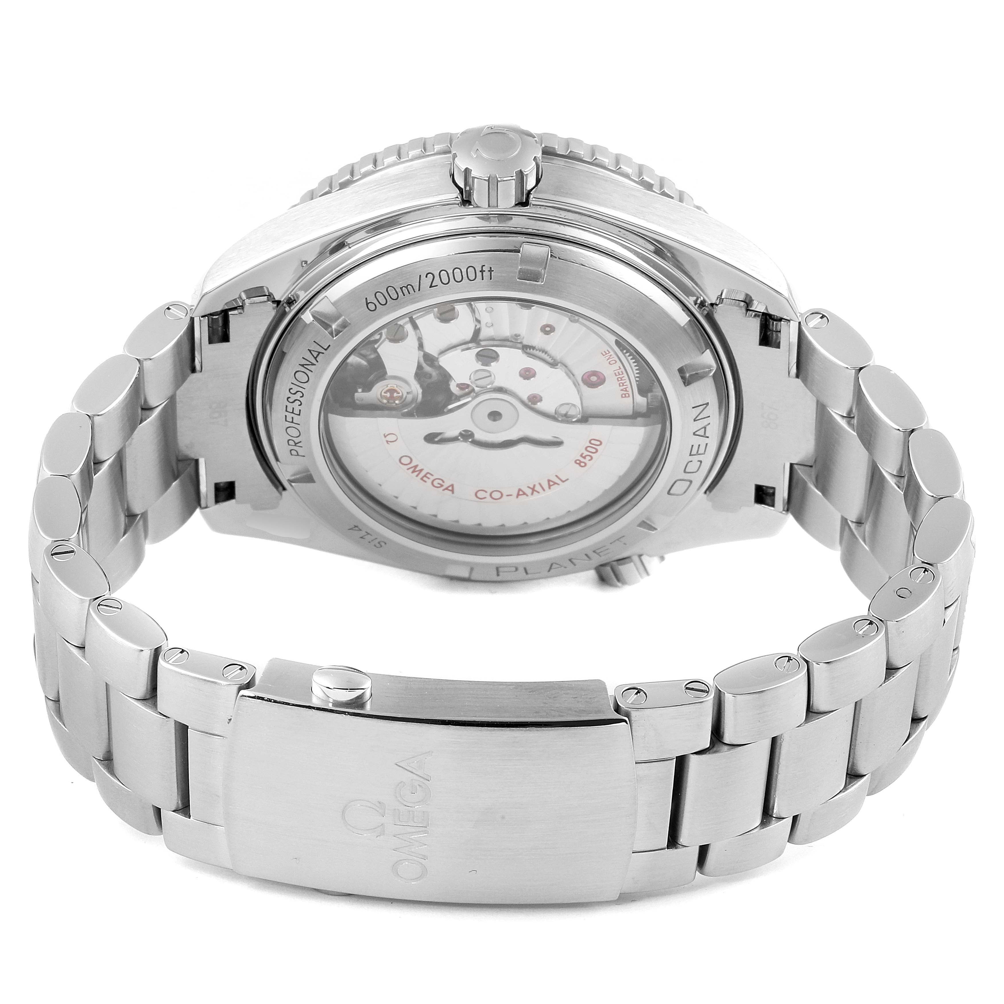 The image shows the back view of the Omega Planet Ocean 232.30.46.21.01.001 Men's Stainless Steel Black Dial 232.30.46.21.01.001 Men's Stainless Steel Black Dial watch, highlighting its bracelet and the transparent case back.