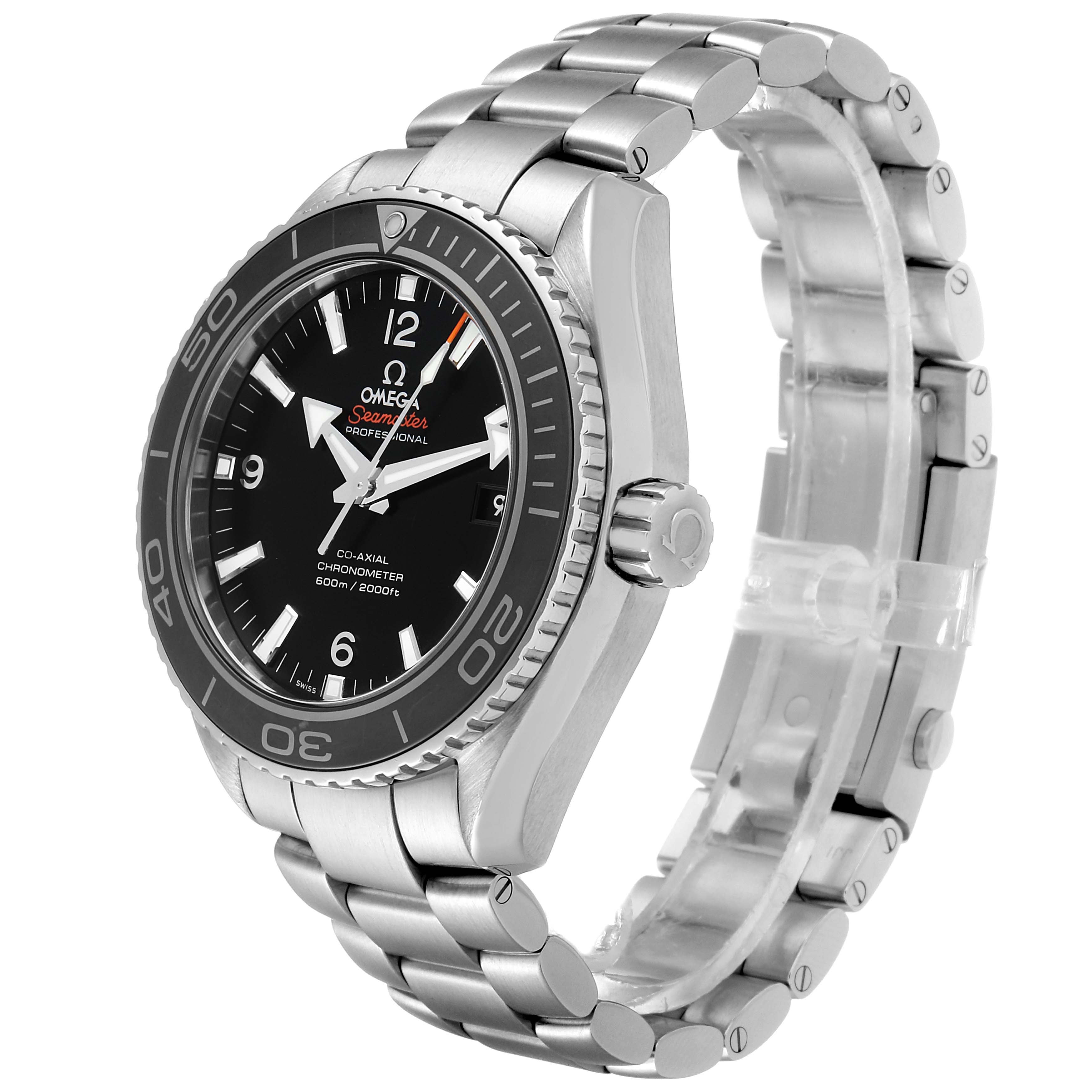 The Omega Planet Ocean 232.30.46.21.01.001 Men's Stainless Steel Black Dial 232.30.46.21.01.001 Men's Stainless Steel Black Dial watch is shown at a three-quarter angle displaying its face, bezel, crown, and bracelet.