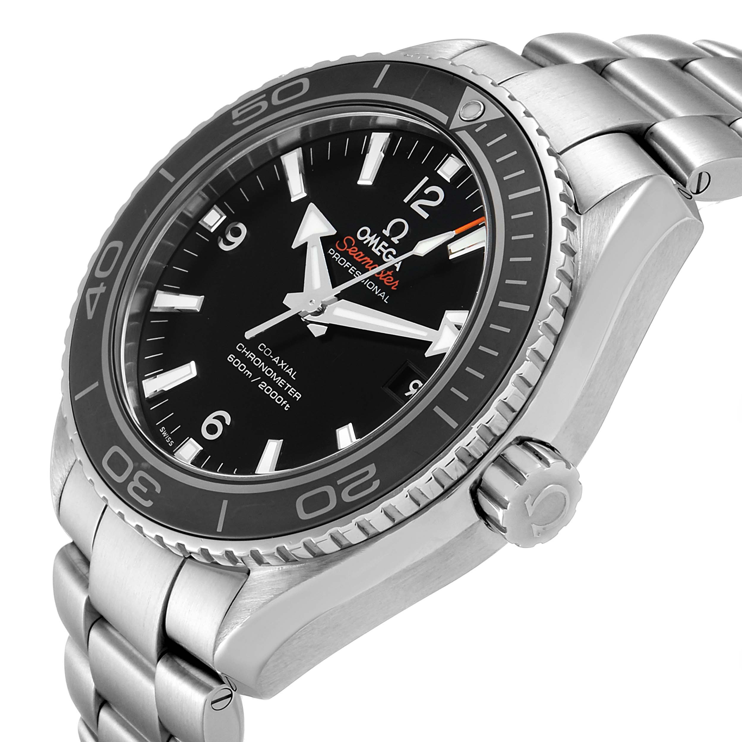 The image shows an angled view of the Omega Planet Ocean 232.30.46.21.01.001 Men's Stainless Steel Black Dial 232.30.46.21.01.001 Men's Stainless Steel Black Dial watch, highlighting the black dial, bezel, and stainless steel bracelet.