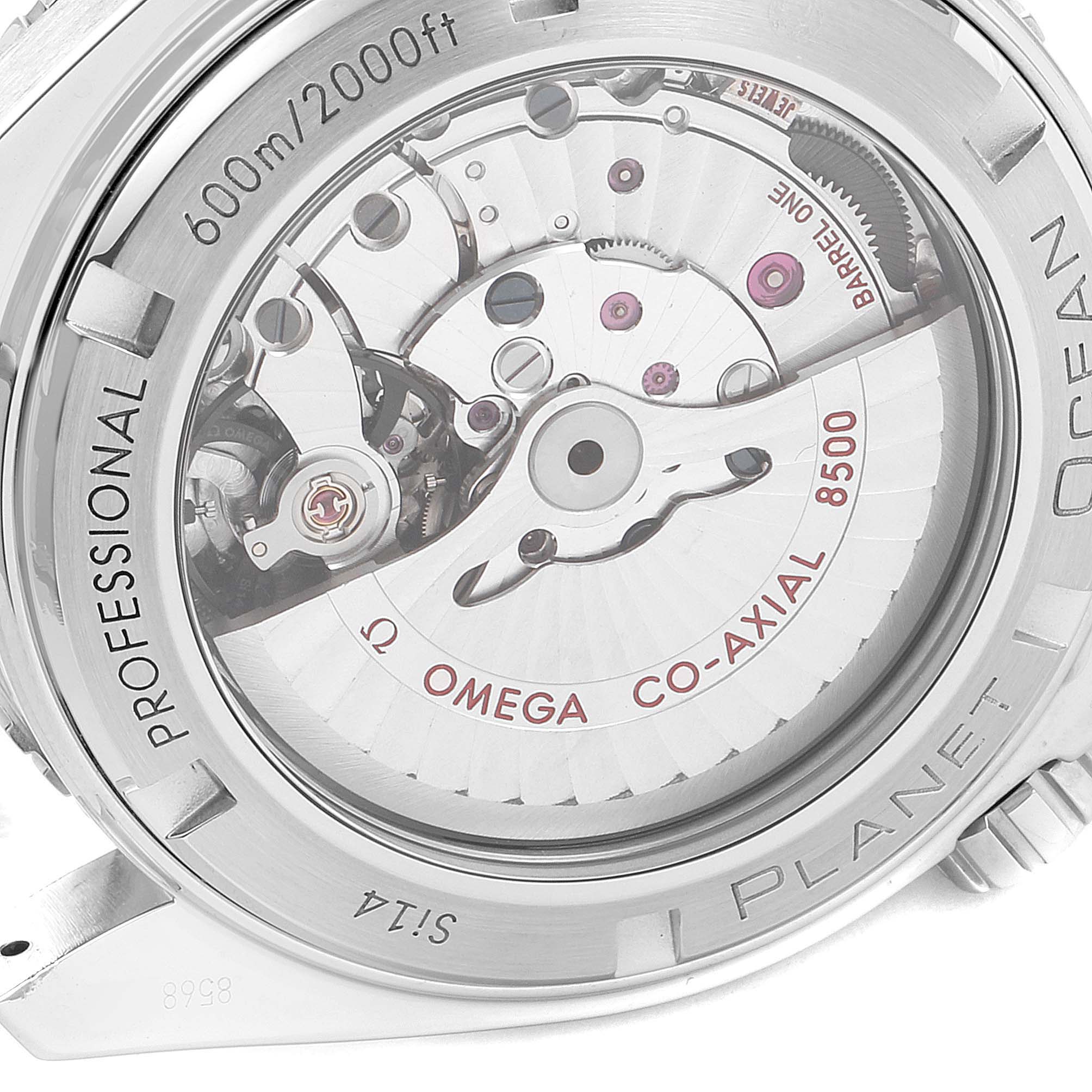 The image shows the back of an Omega Planet Ocean 232.30.46.21.01.001 Men's Stainless Steel Black Dial 232.30.46.21.01.001 Men's Stainless Steel Black Dial watch, displaying its internal mechanical movement.