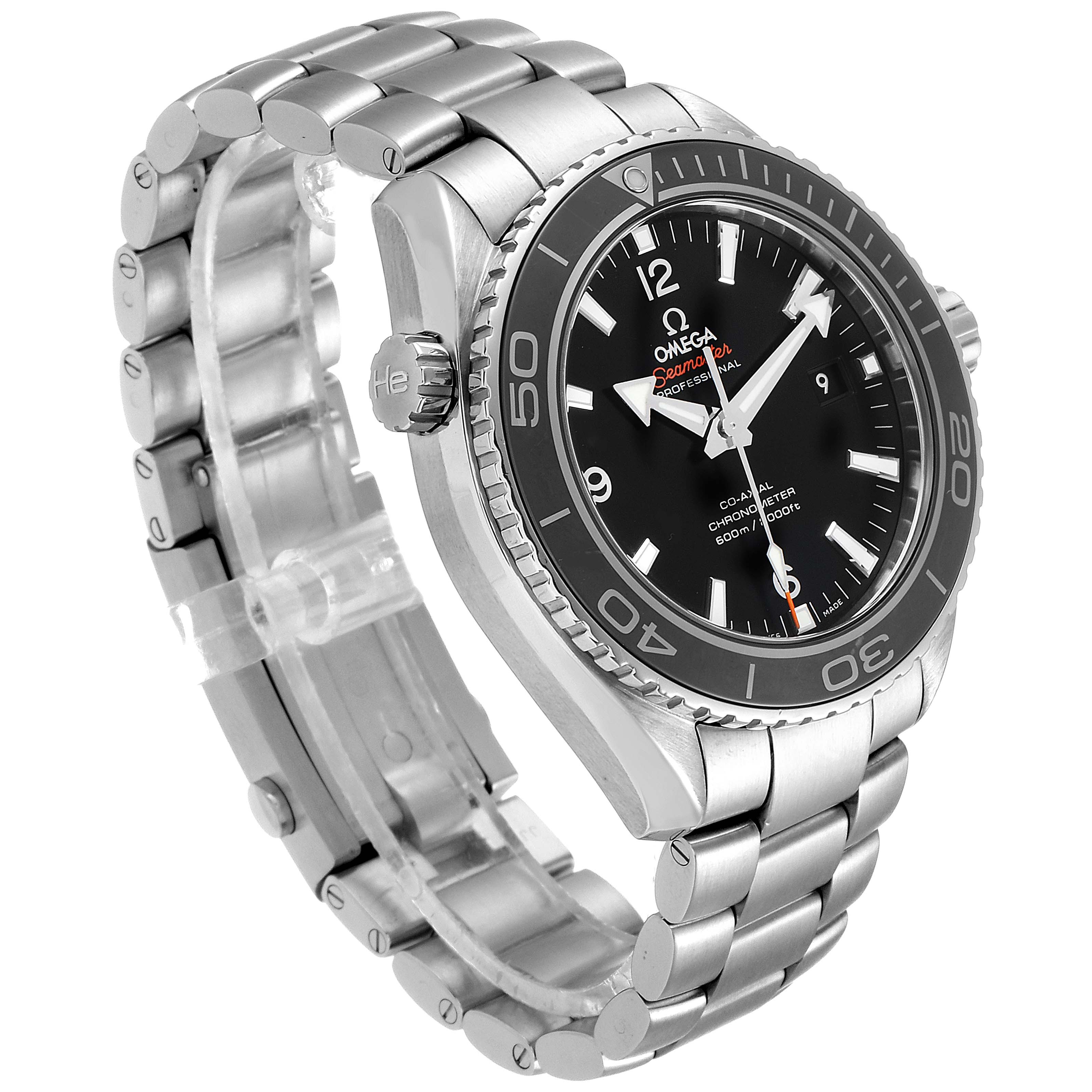 The image shows an Omega Planet Ocean 232.30.46.21.01.001 Men's Stainless Steel Black Dial 232.30.46.21.01.001 Men's Stainless Steel Black Dial watch at a three-quarter angle, displaying the bracelet, dial, bezel, and crown.
