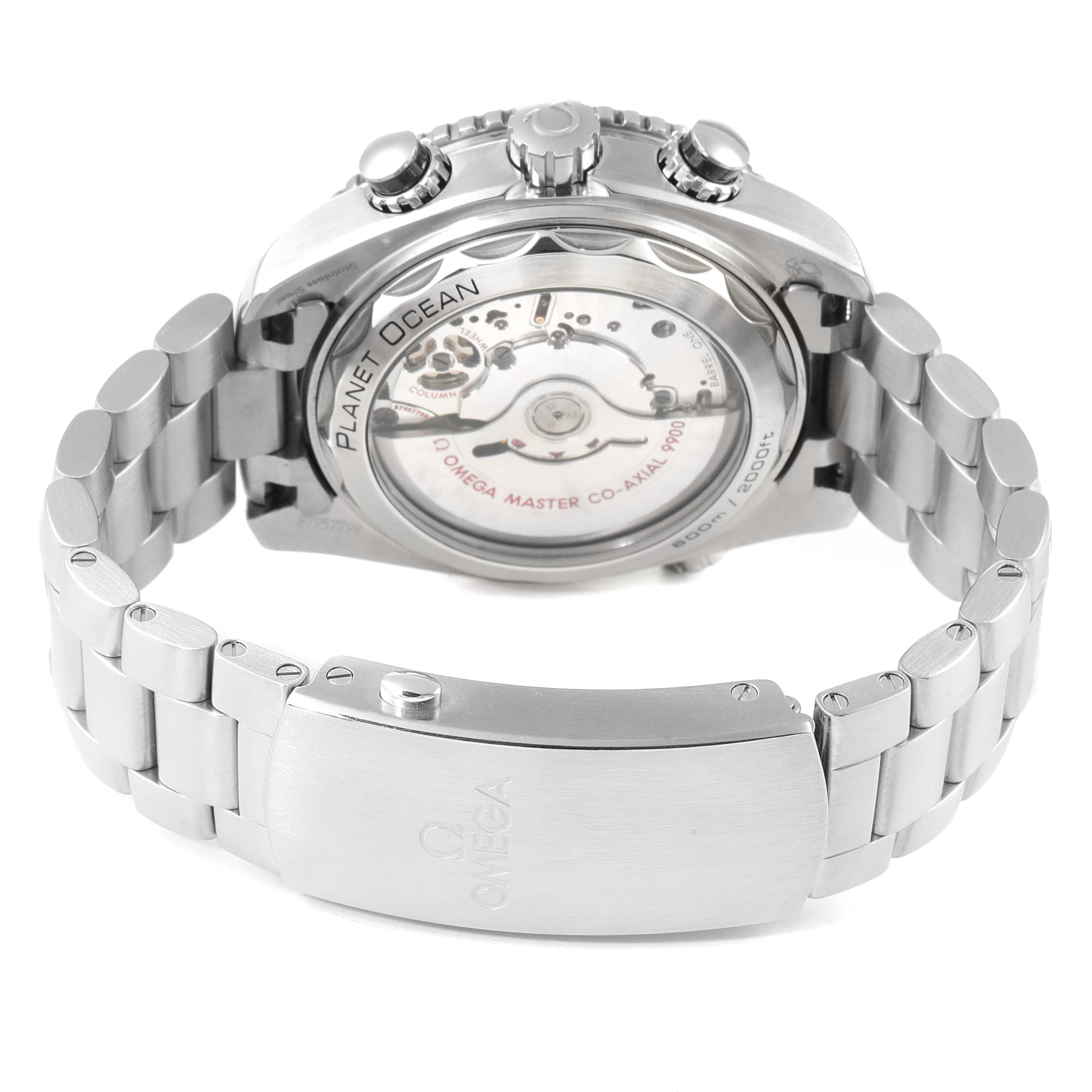 The image shows the rear view of the Omega Planet Ocean 215.30.46.51.01.001 Men's Stainless Steel Black Dial 215.30.46.51.01.001 Men's Stainless Steel Black Dial watch, highlighting its case back, bracelet, and clasp.