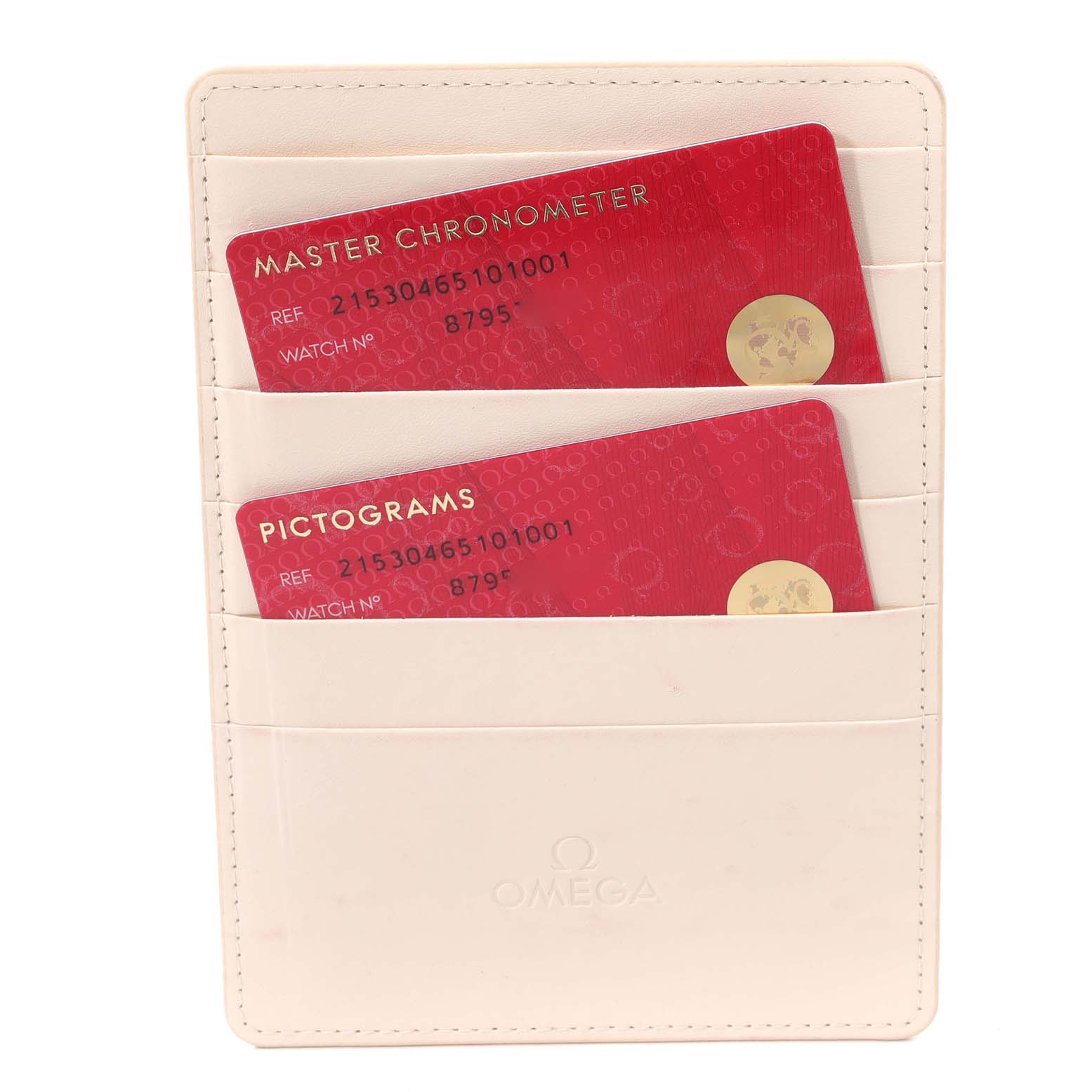 This image shows an Omega Planet Ocean 215.30.46.51.01.001 Men's Stainless Steel Black Dial 215.30.46.51.01.001 Men's Stainless Steel Black Dial watch's warranty cards and a holder viewed from the front.