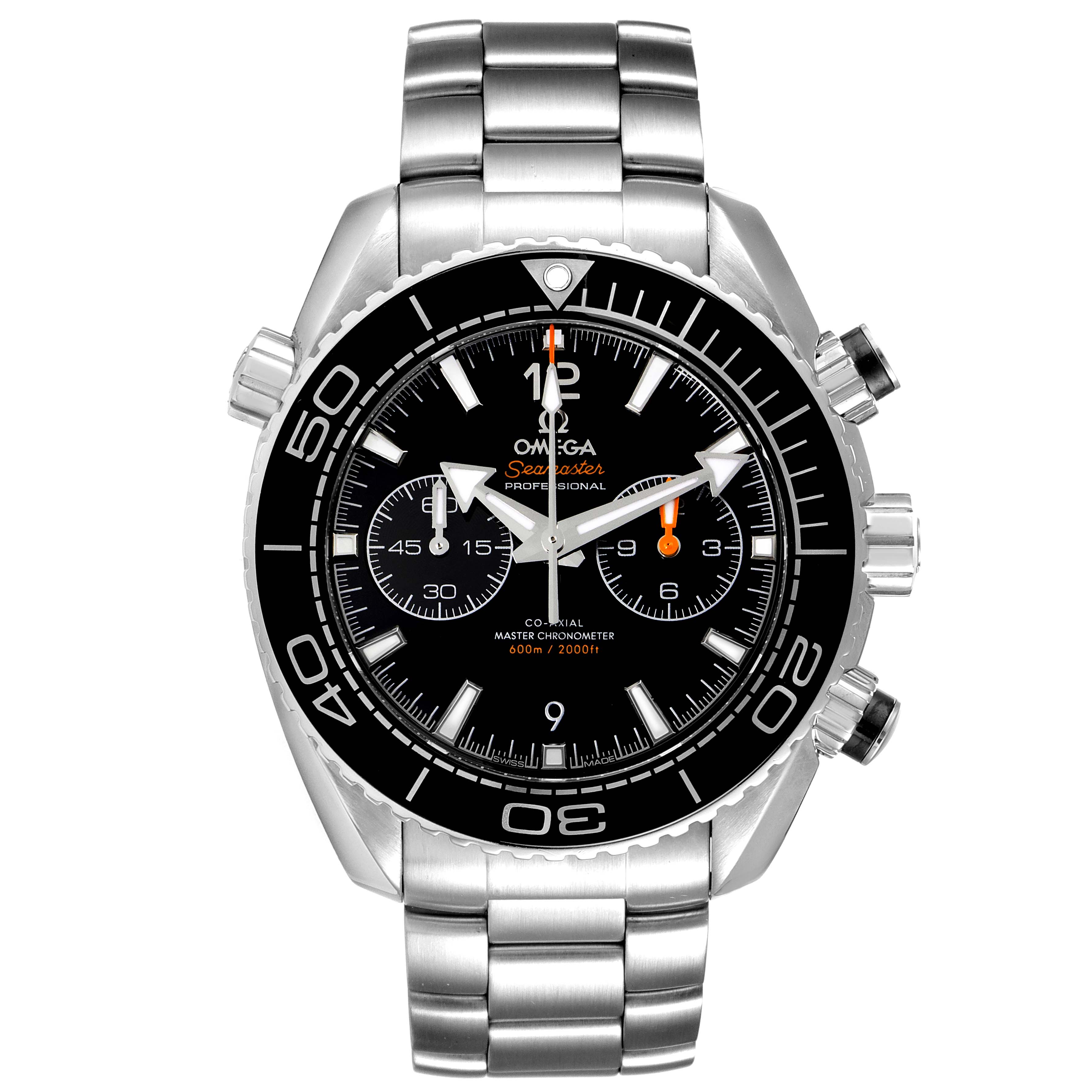 The image shows a front view of the Omega Seamaster Planet Ocean watch, highlighting its dial, bezel, and bracelet.