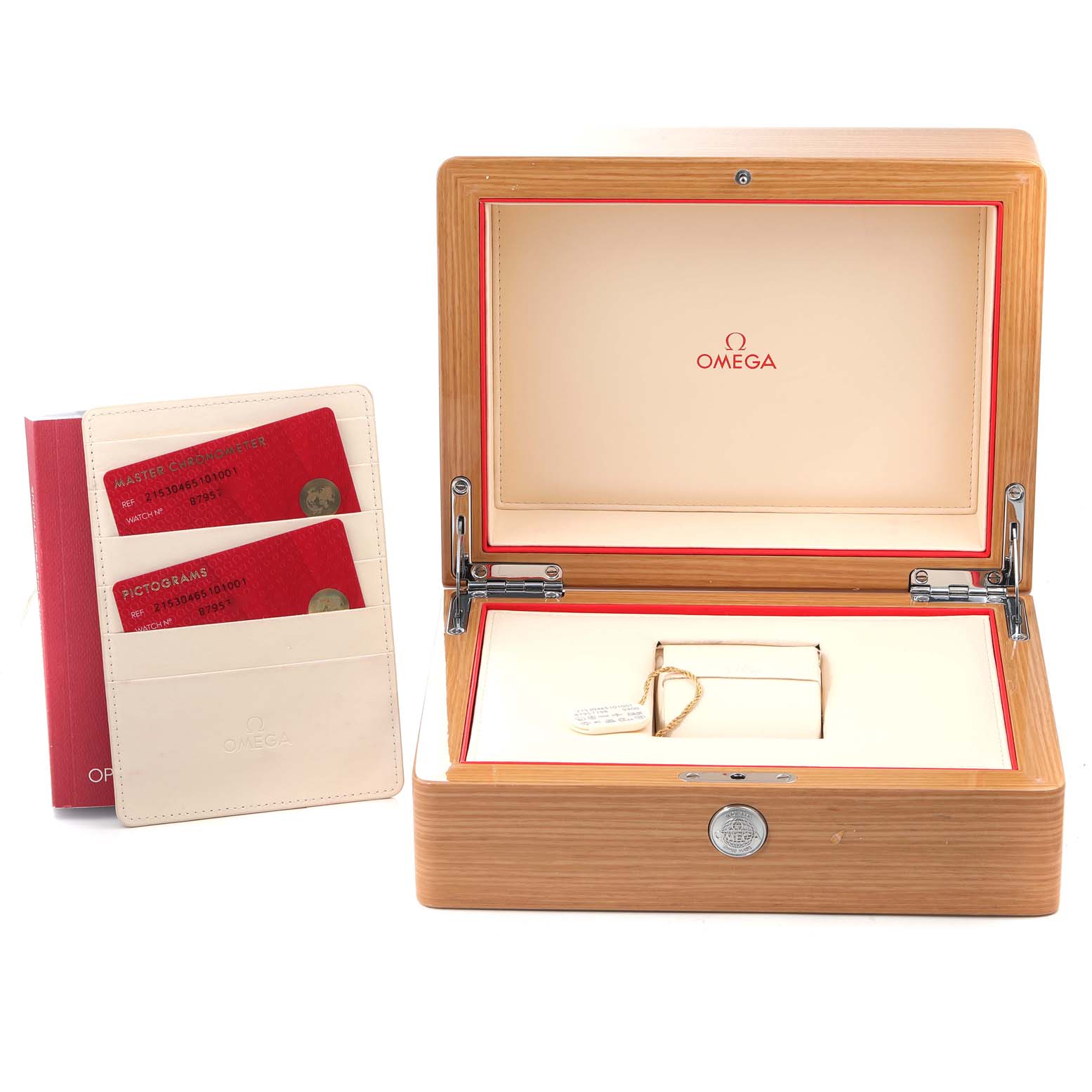 The image shows the Omega Planet Ocean 215.30.46.51.01.001 Men's Stainless Steel Black Dial 215.30.46.51.01.001 Men's Stainless Steel Black Dial watch's box and accompanying accessory booklet from a front angle.