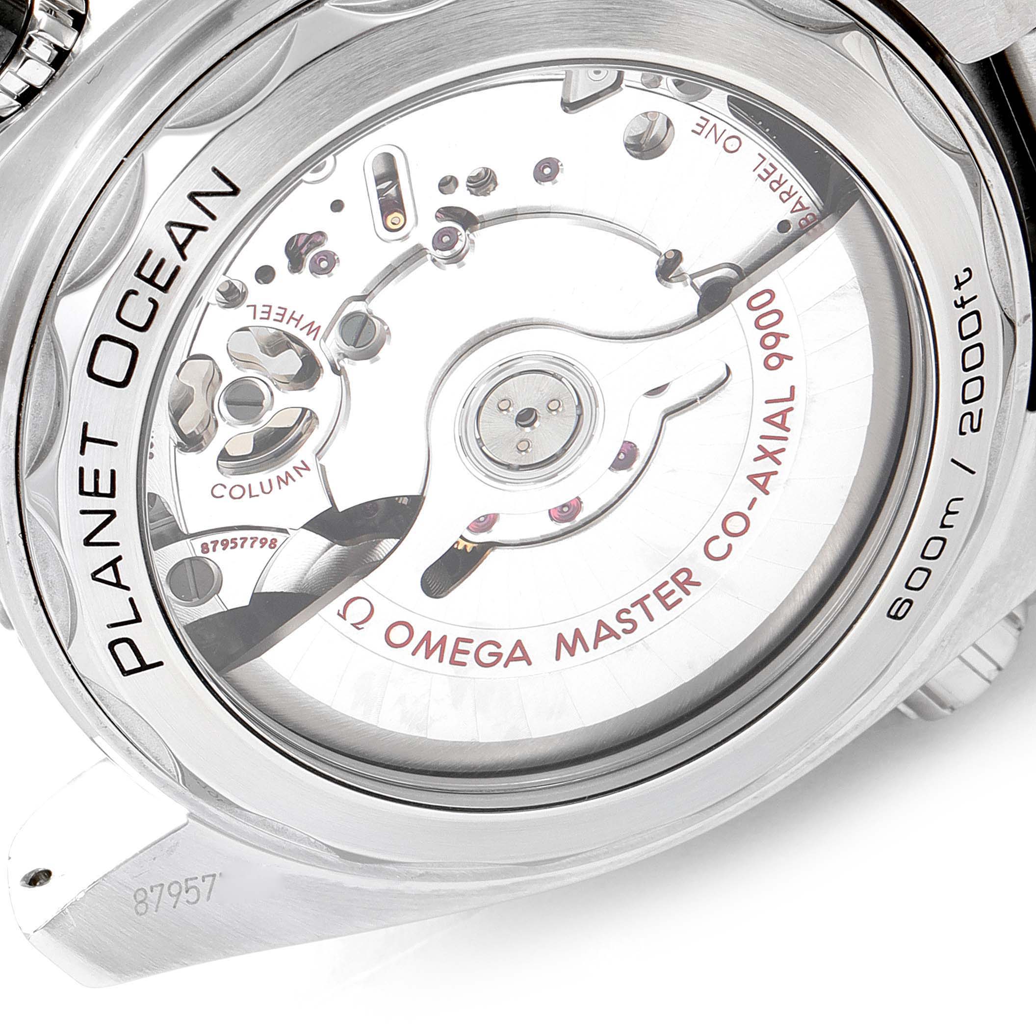 The image shows the back view of the Omega Planet Ocean 215.30.46.51.01.001 Men's Stainless Steel Black Dial 215.30.46.51.01.001 Men's Stainless Steel Black Dial watch, highlighting its inner mechanical parts.