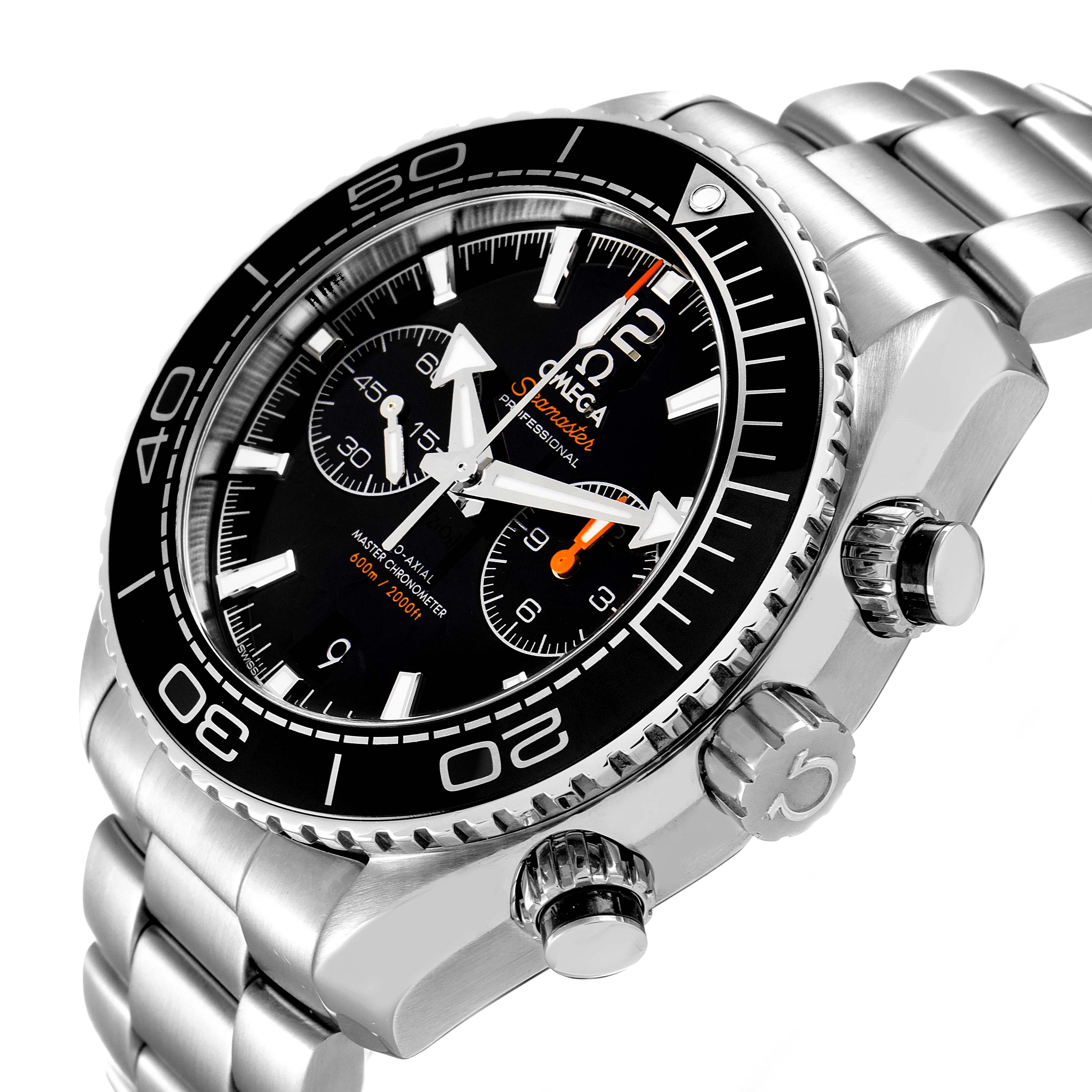 The Omega Planet Ocean 215.30.46.51.01.001 Men's Stainless Steel Black Dial 215.30.46.51.01.001 Men's Stainless Steel Black Dial watch is shown at a three-quarter angle, highlighting the face, bezel, and side buttons.