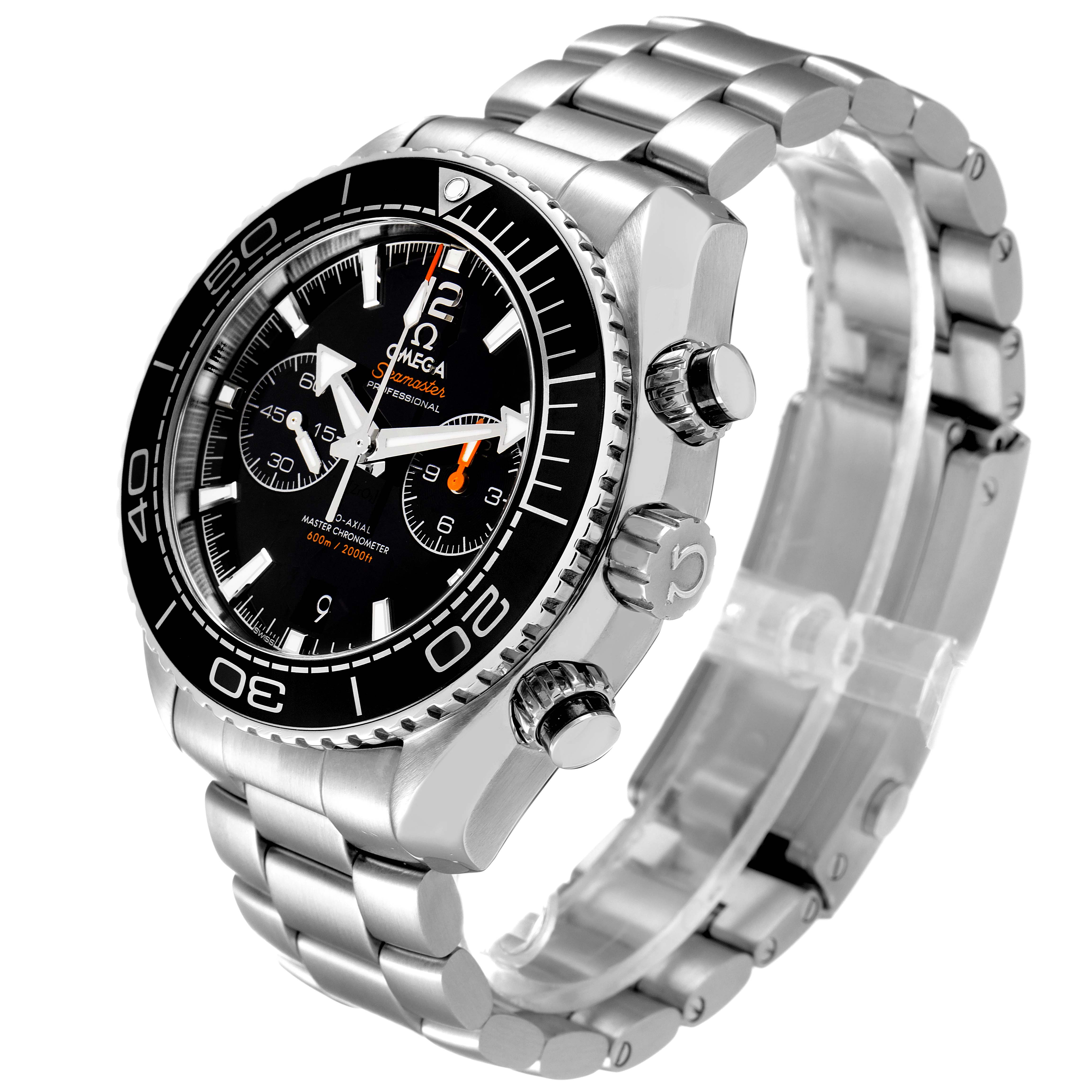 The image shows a side and front angle of the Omega Planet Ocean 215.30.46.51.01.001 Men's Stainless Steel Black Dial 215.30.46.51.01.001 Men's Stainless Steel Black Dial watch, highlighting its bezel, dial, and bracelet.