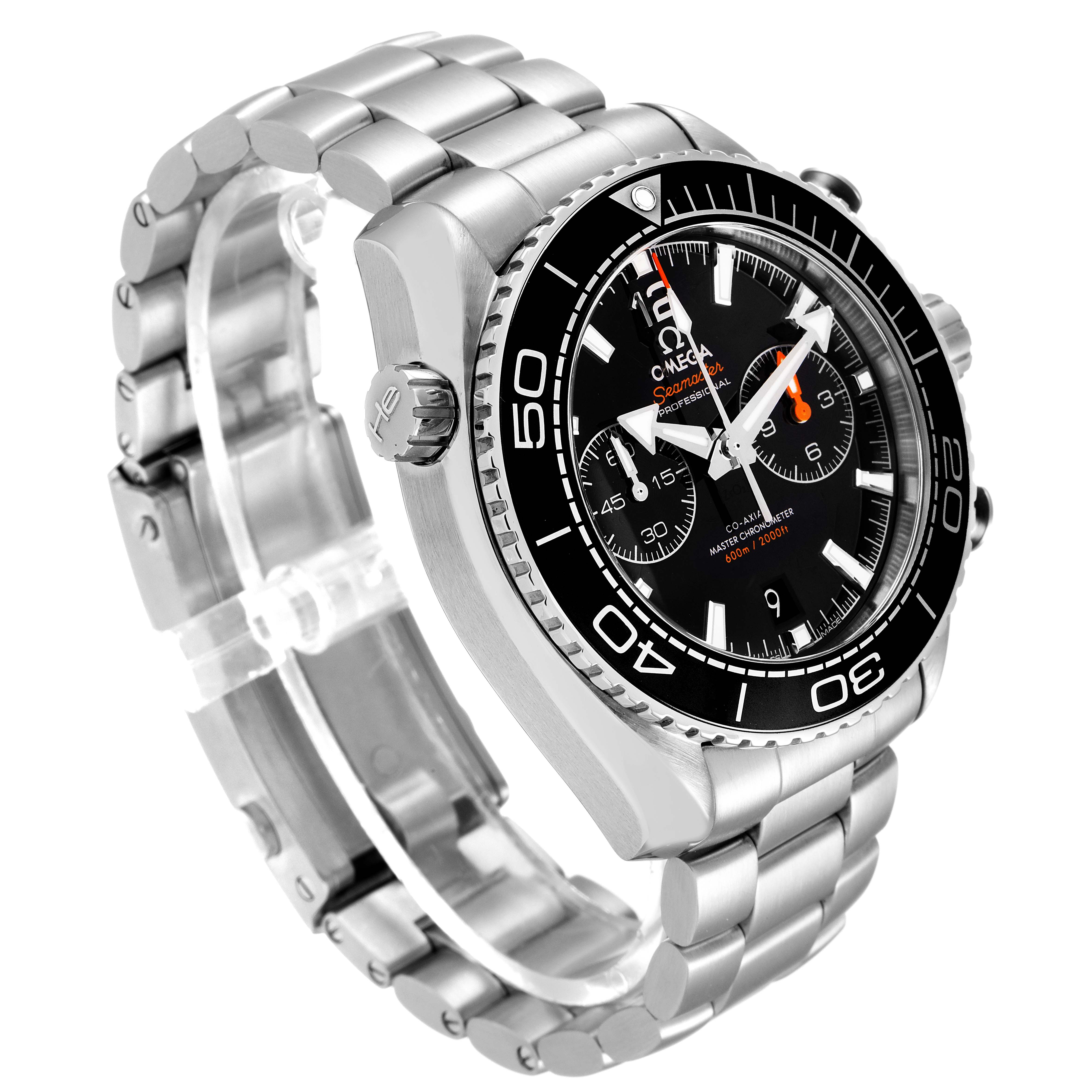 This Omega Planet Ocean 215.30.46.51.01.001 Men's Stainless Steel Black Dial 215.30.46.51.01.001 Men's Stainless Steel Black Dial watch is shown at a high-angle view, displaying the face, bezel, crown, and part of the stainless steel bracelet.