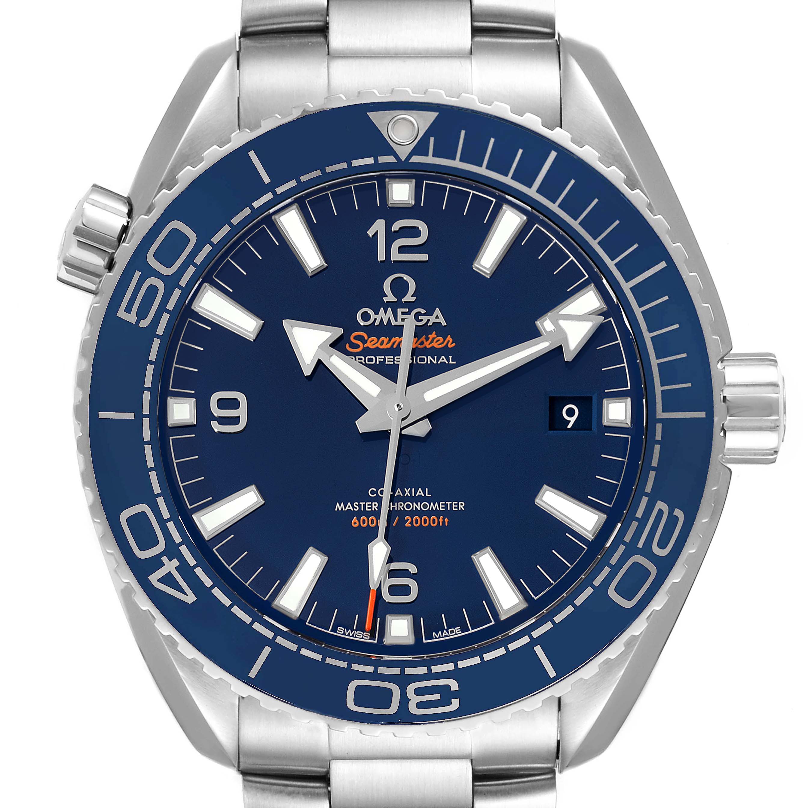 This image shows a front view of the Omega Planet Ocean 215.30.44.21.03.001 Men's Stainless Steel Blue Dial 215.30.44.21.03.001 Men's Stainless Steel Blue Dial model watch, highlighting its dial, bezel, and part of the bracelet.