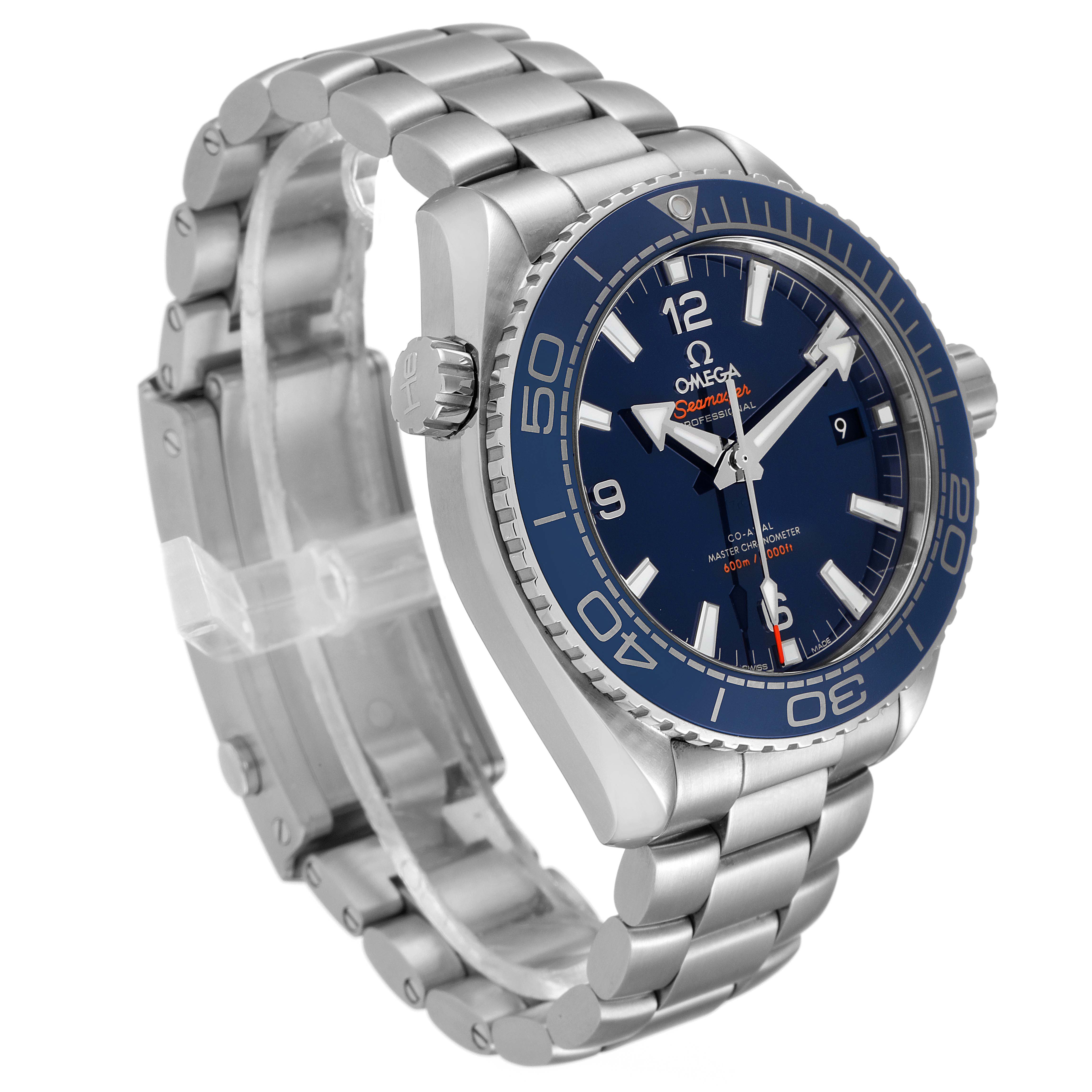 The image shows the Omega Planet Ocean 215.30.44.21.03.001 Men's Stainless Steel Blue Dial 215.30.44.21.03.001 Men's Stainless Steel Blue Dial watch from a side angle, highlighting its face, bezel, crown, and stainless steel bracelet.