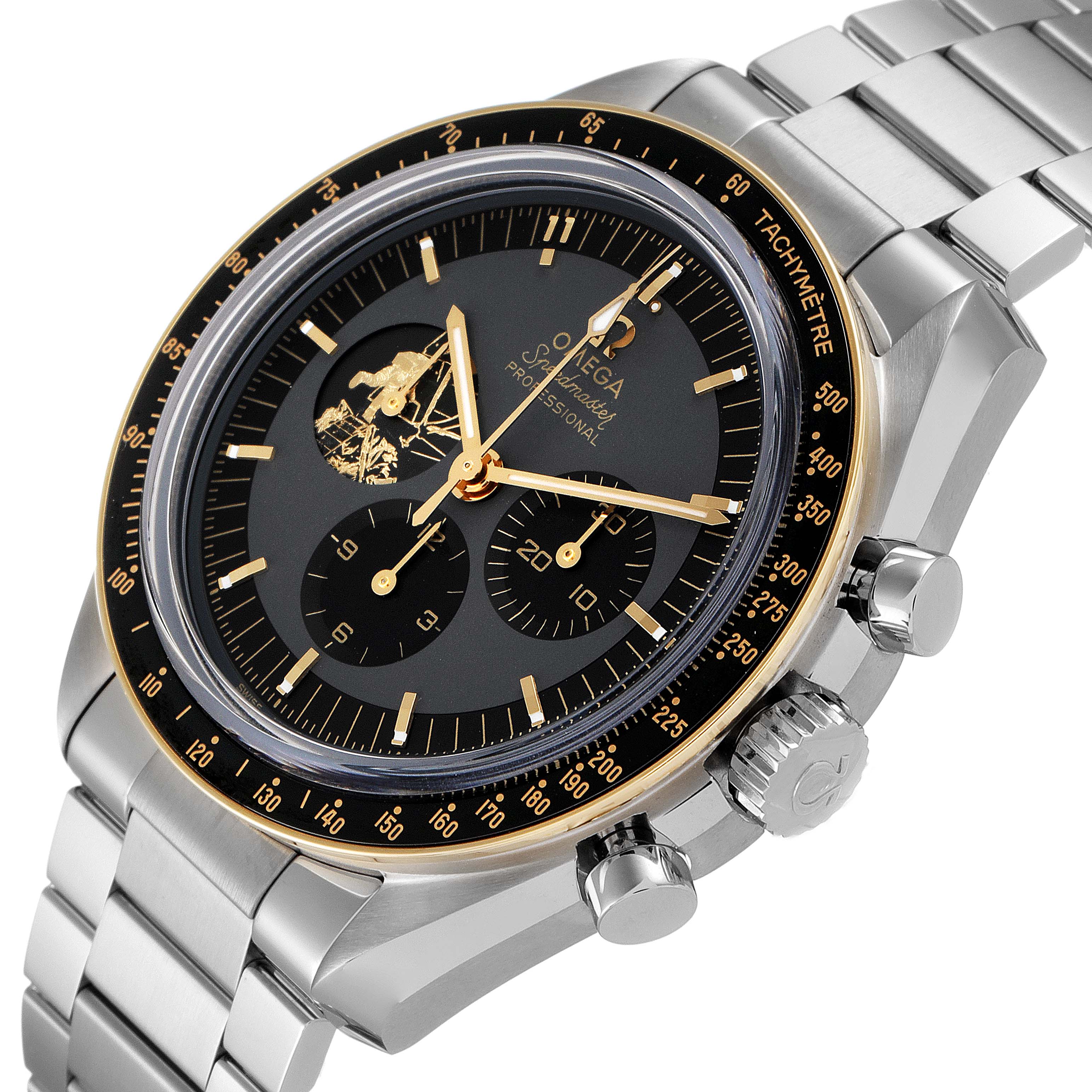 This is a close-up angled view of an Omega Speedmaster 310.20.42.50.01.001 Men's Stainless Steel Grey Dial 310.20.42.50.01.001 Men's Stainless Steel Grey Dial watch, showing the face, bezel, crown, and part of the bracelet.