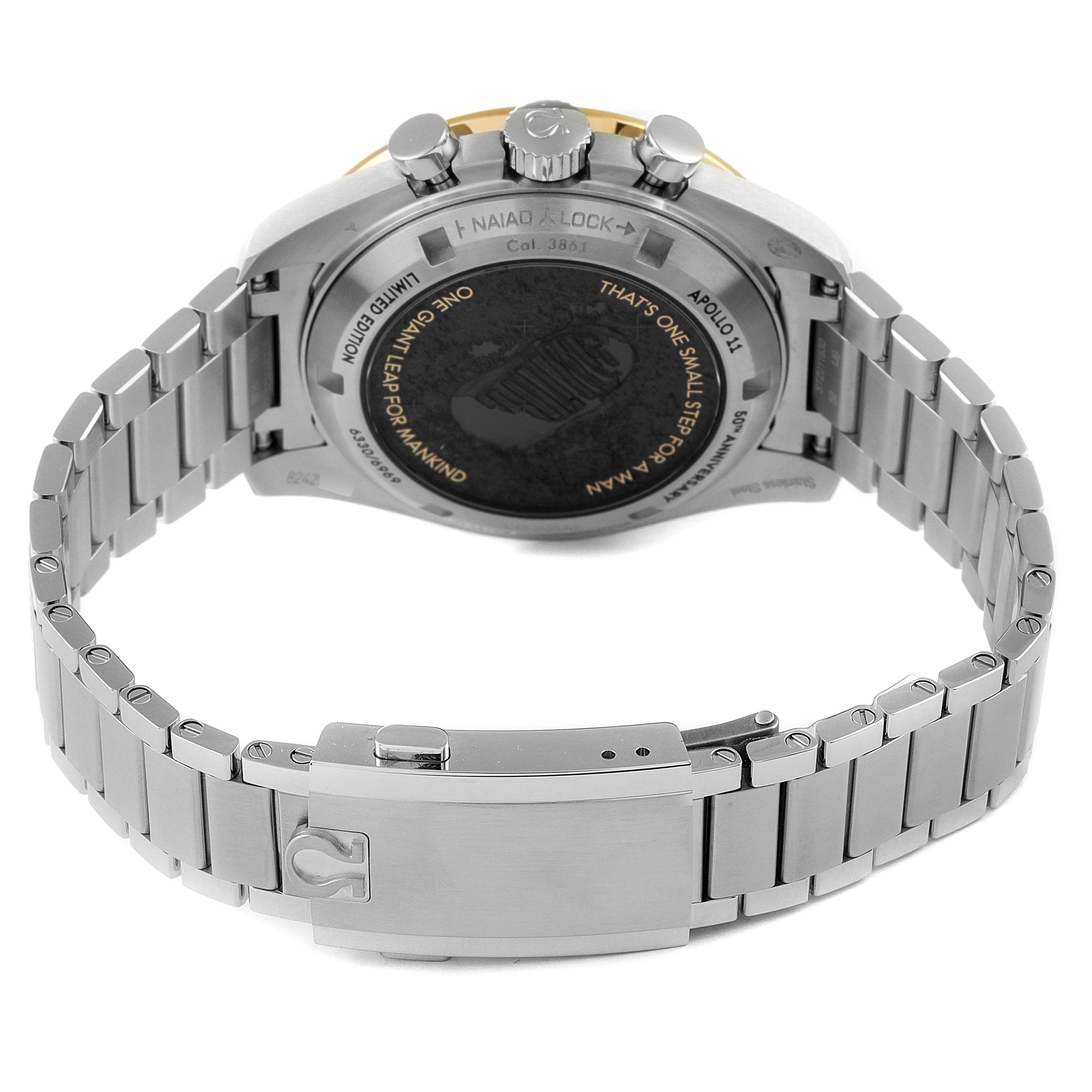 The image shows the back view of an Omega Speedmaster 310.20.42.50.01.001 Men's Stainless Steel Grey Dial 310.20.42.50.01.001 Men's Stainless Steel Grey Dial watch, highlighting the case back, buttons, and bracelet clasp.