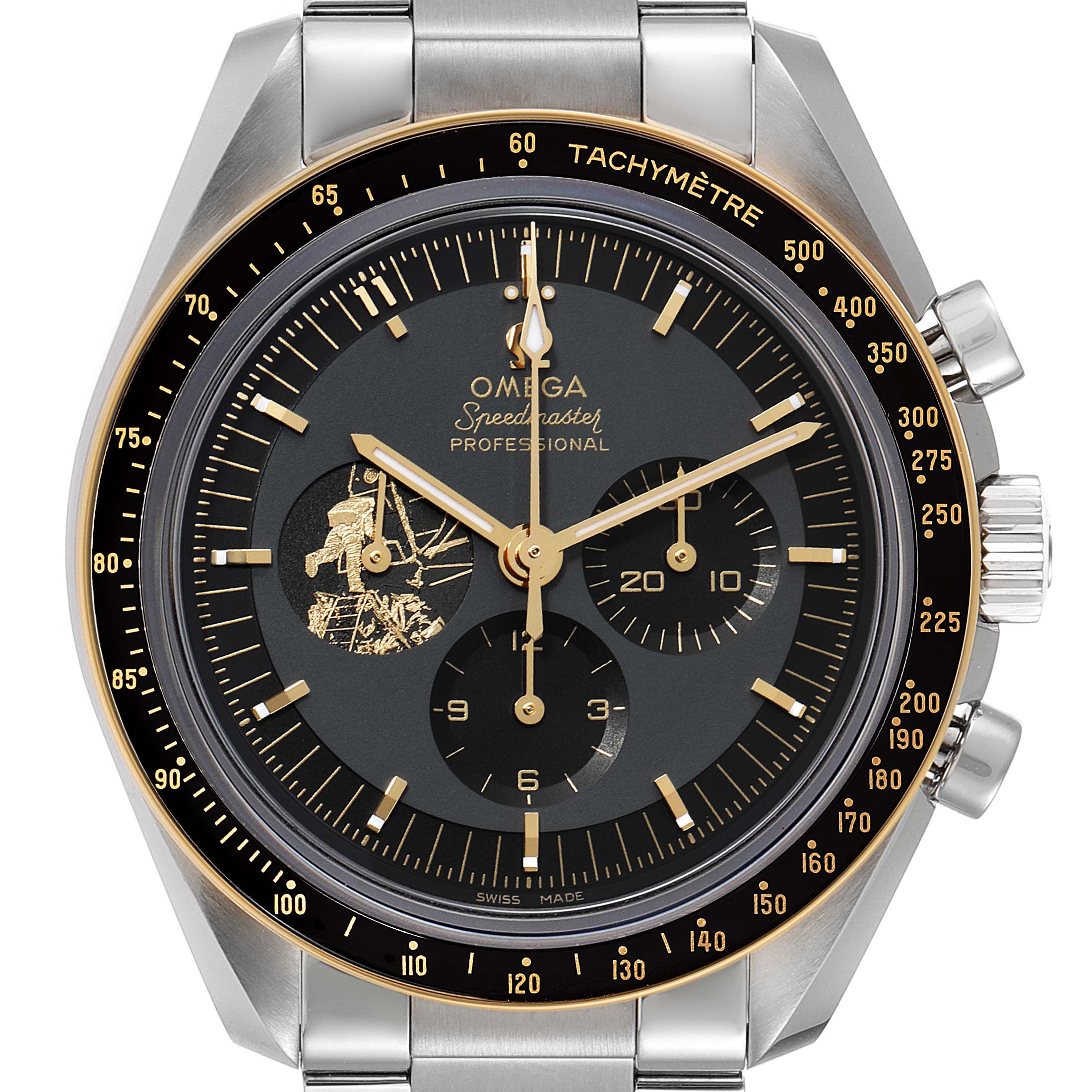 This image shows a front view of the Omega Speedmaster 310.20.42.50.01.001 Men's Stainless Steel Grey Dial 310.20.42.50.01.001 Men's Stainless Steel Grey Dial Professional watch, highlighting the dial, hands, subdials, and tachymeter scale.