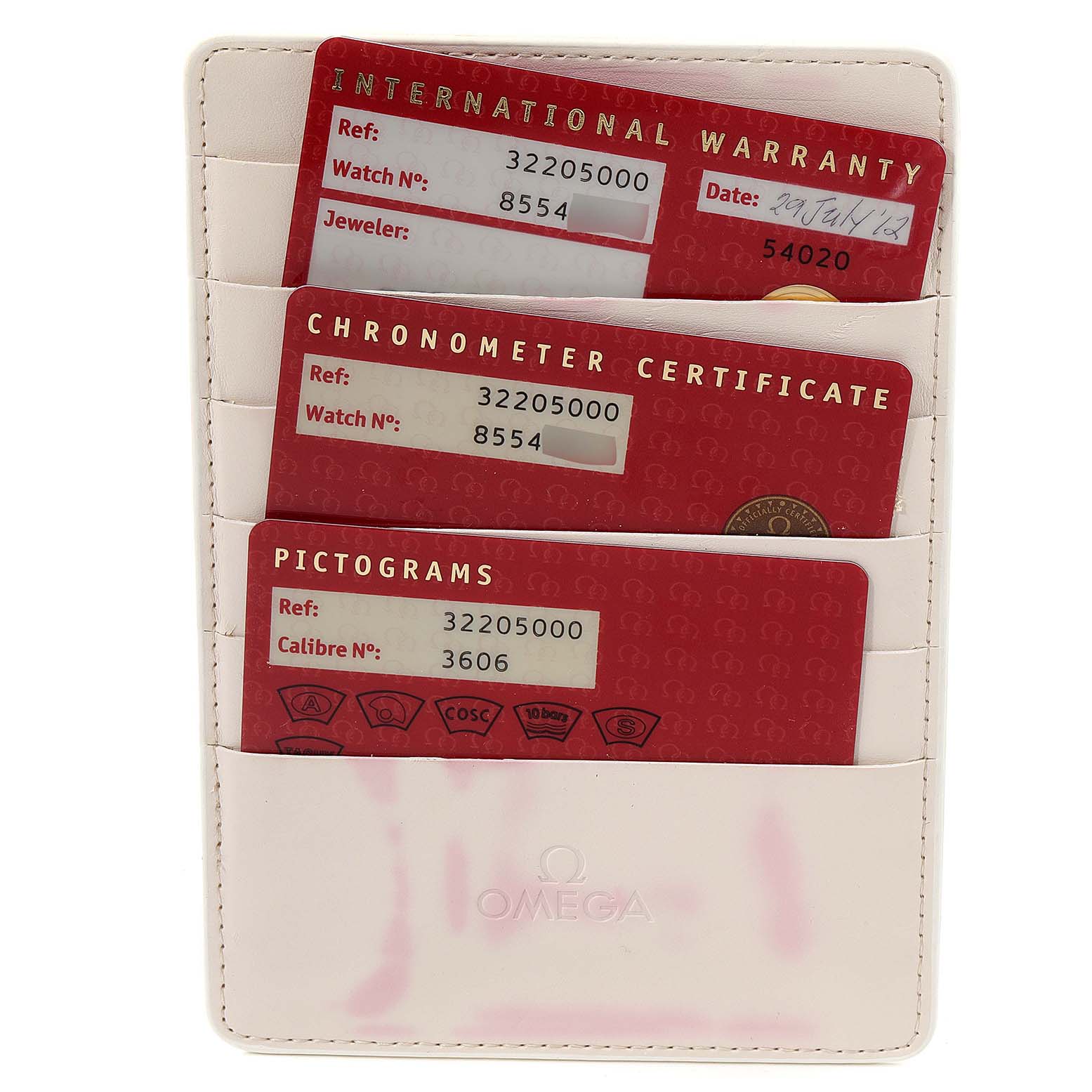 Shown are warranty, chronometer certificate, and pictograms cards for an Omega Speedmaster 3220.50.00 Men's Stainless Steel Black Dial 3220.50.00 Men's Stainless Steel Black Dial, in a white Omega card holder.