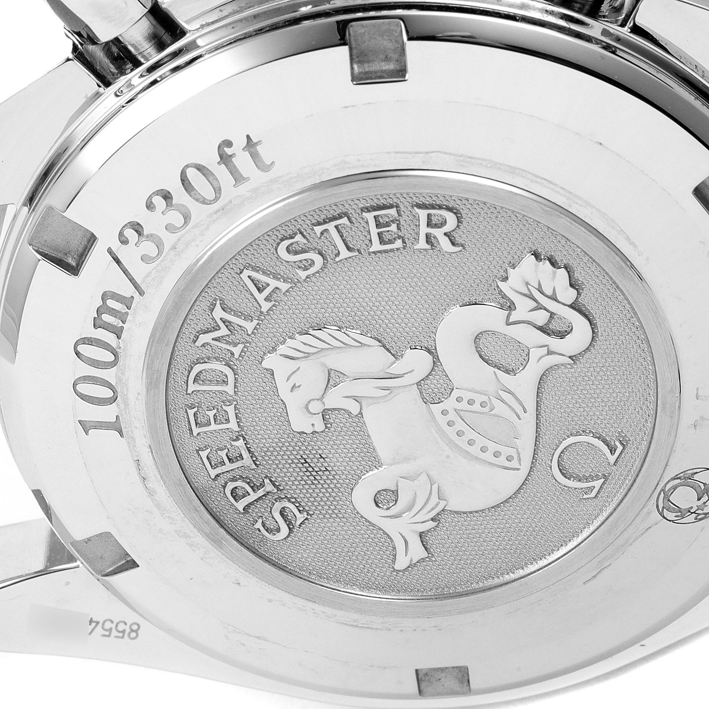 This image shows the case back of an Omega Speedmaster 3220.50.00 Men's Stainless Steel Black Dial 3220.50.00 Men's Stainless Steel Black Dial, highlighting the "Speedmaster" logo and water resistance details.