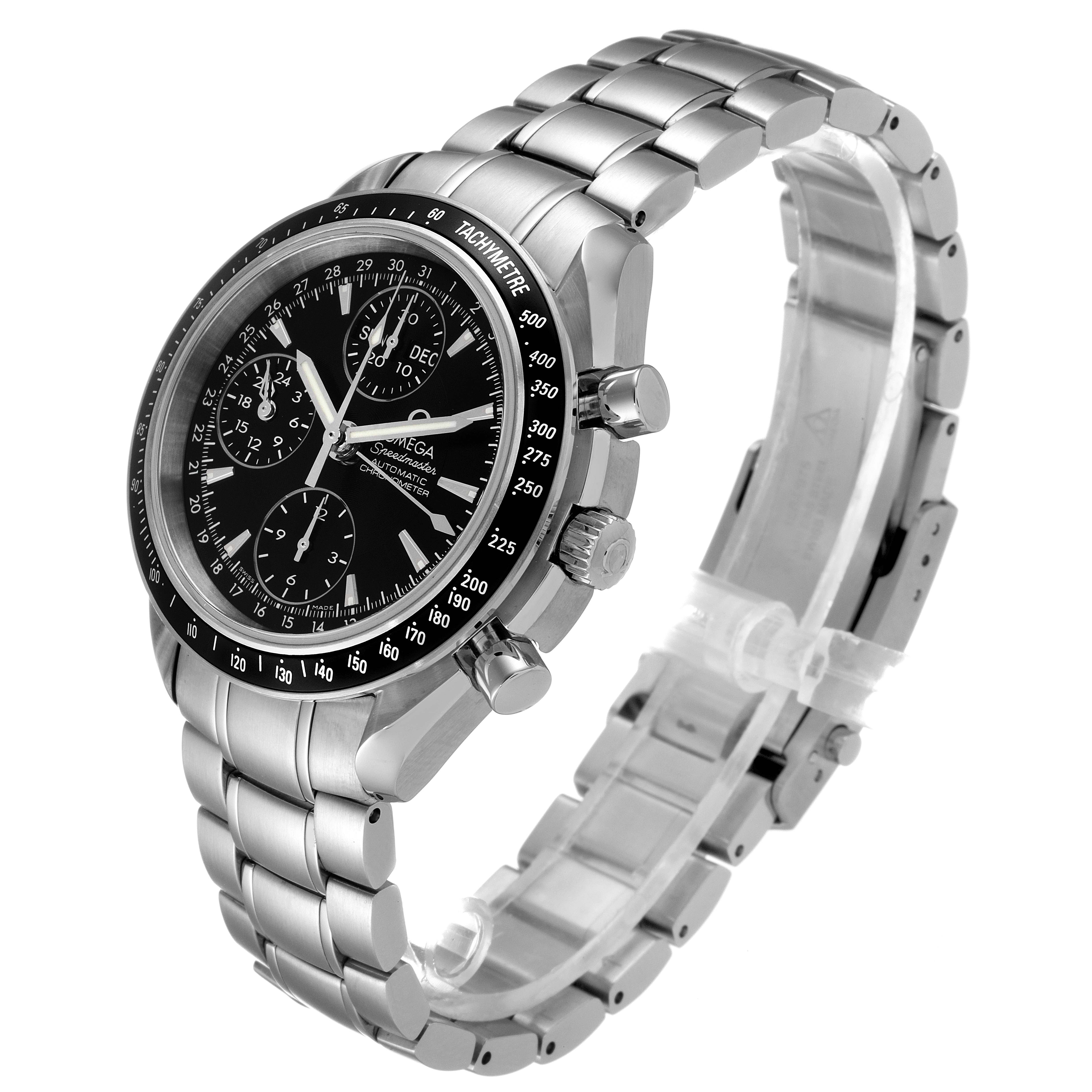 The image shows a side view of an Omega Speedmaster 3220.50.00 Men's Stainless Steel Black Dial 3220.50.00 Men's Stainless Steel Black Dial watch, highlighting the bracelet, case, and chronograph dials.