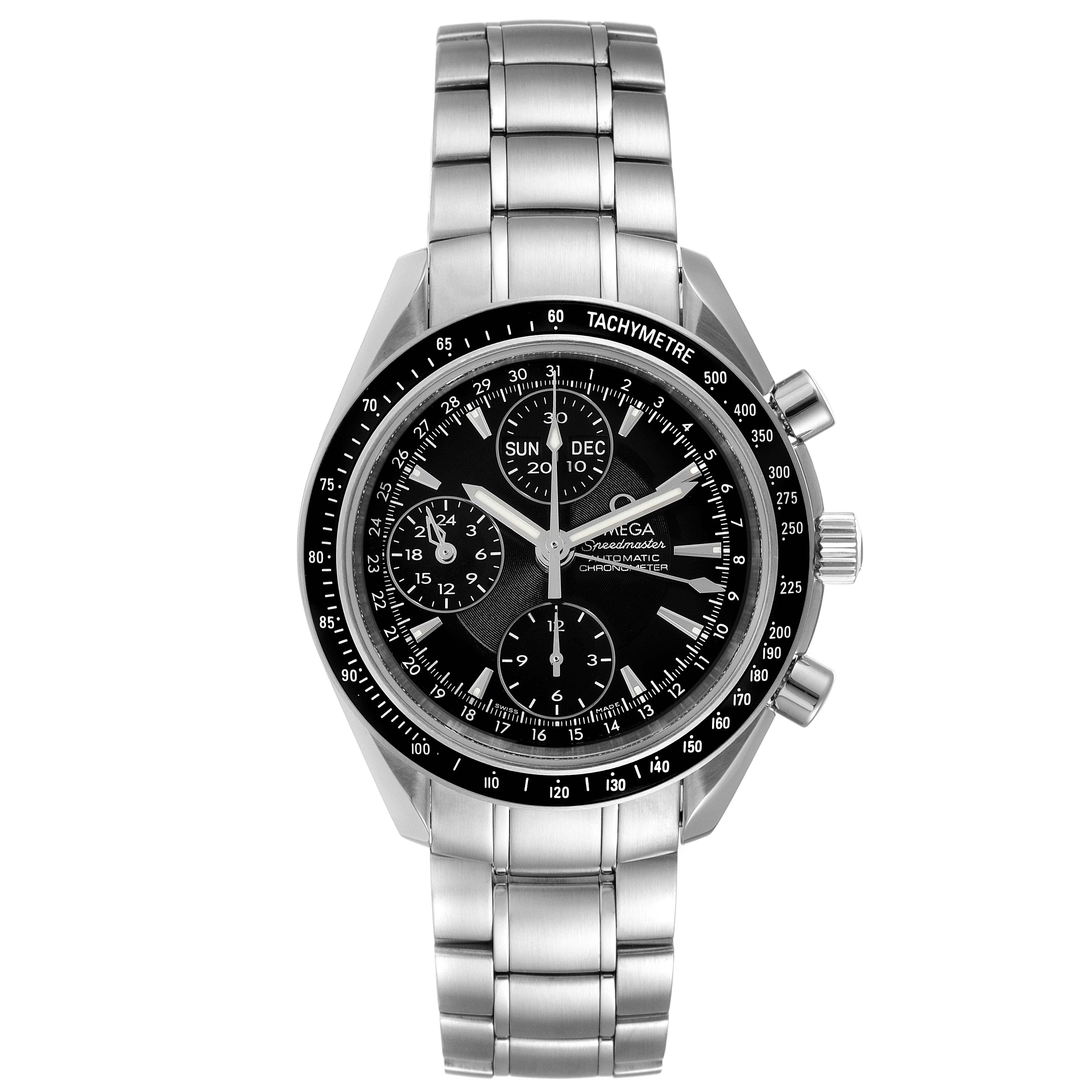 This image shows a frontal view of the Omega Speedmaster 3220.50.00 Men's Stainless Steel Black Dial 3220.50.00 Men's Stainless Steel Black Dial watch, highlighting its bezel, chronograph dials, and stainless steel bracelet.