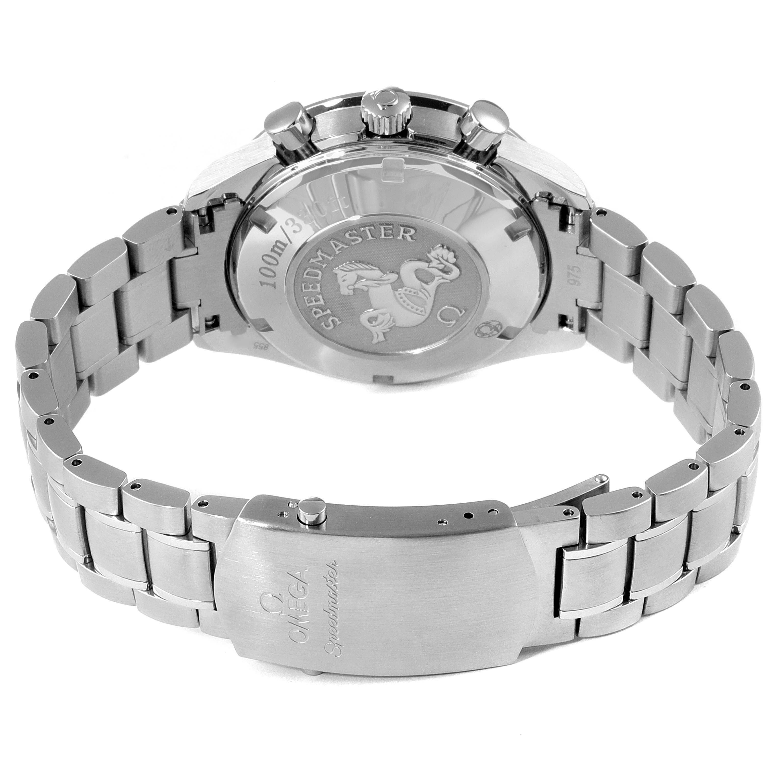 The image shows the back casing and metal bracelet of the Omega Speedmaster 3220.50.00 Men's Stainless Steel Black Dial 3220.50.00 Men's Stainless Steel Black Dial watch, focusing on the clasp and case back.