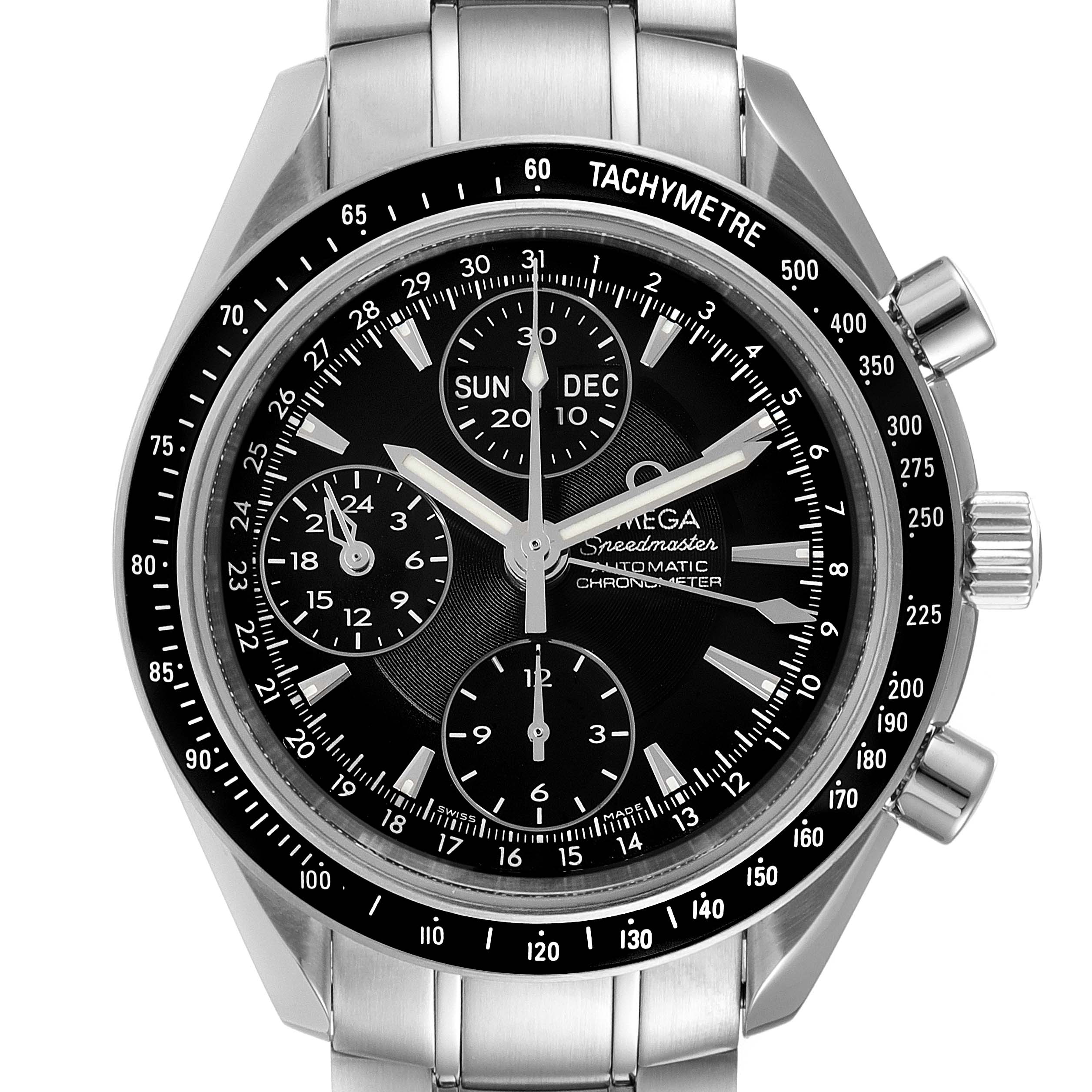 The Omega Speedmaster 3220.50.00 Men's Stainless Steel Black Dial 3220.50.00 Men's Stainless Steel Black Dial watch is shown from a front angle, highlighting its face and stainless steel band.