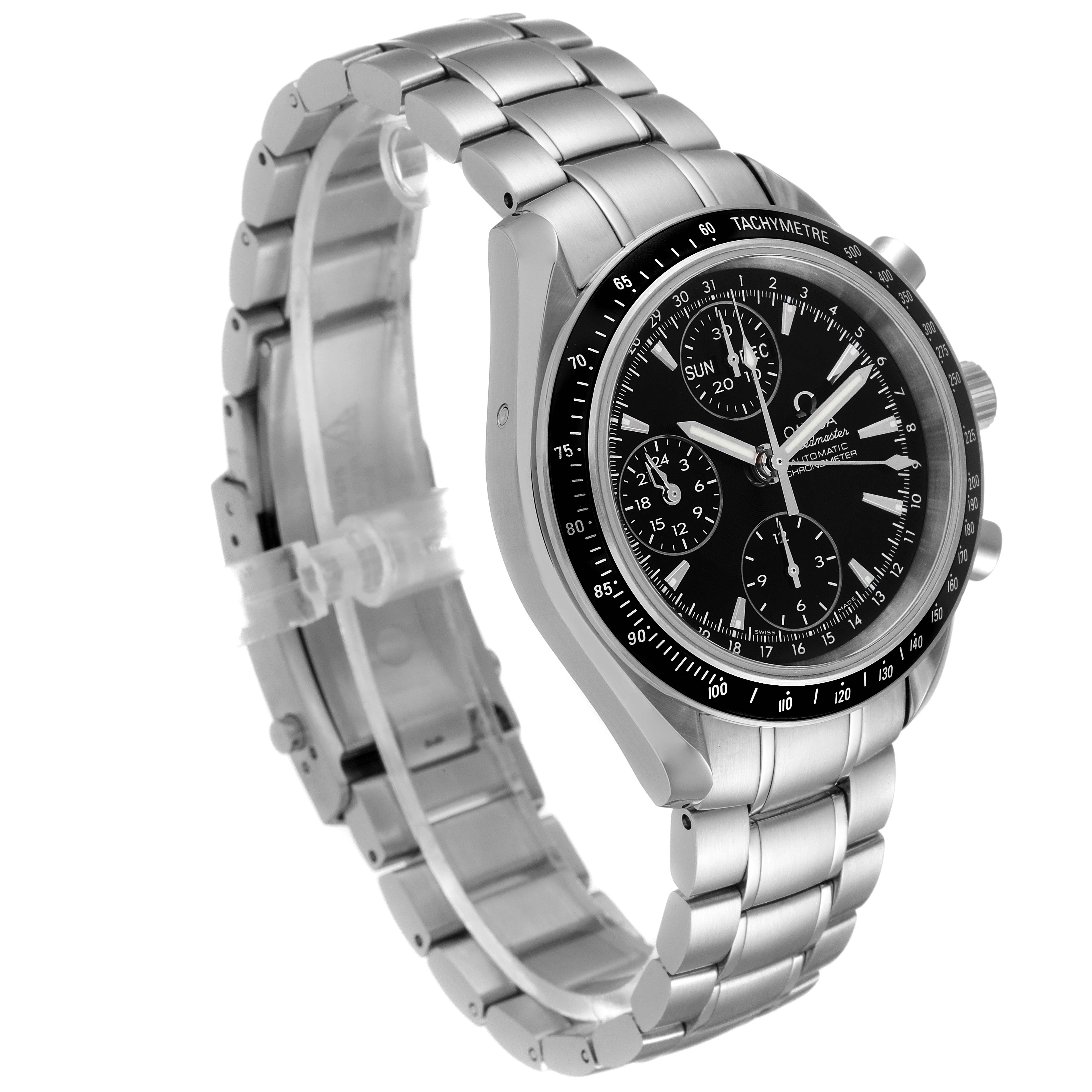This image shows an Omega Speedmaster 3220.50.00 Men's Stainless Steel Black Dial 3220.50.00 Men's Stainless Steel Black Dial watch angled from the front-left, displaying its dial, bezel, push buttons, and bracelet.