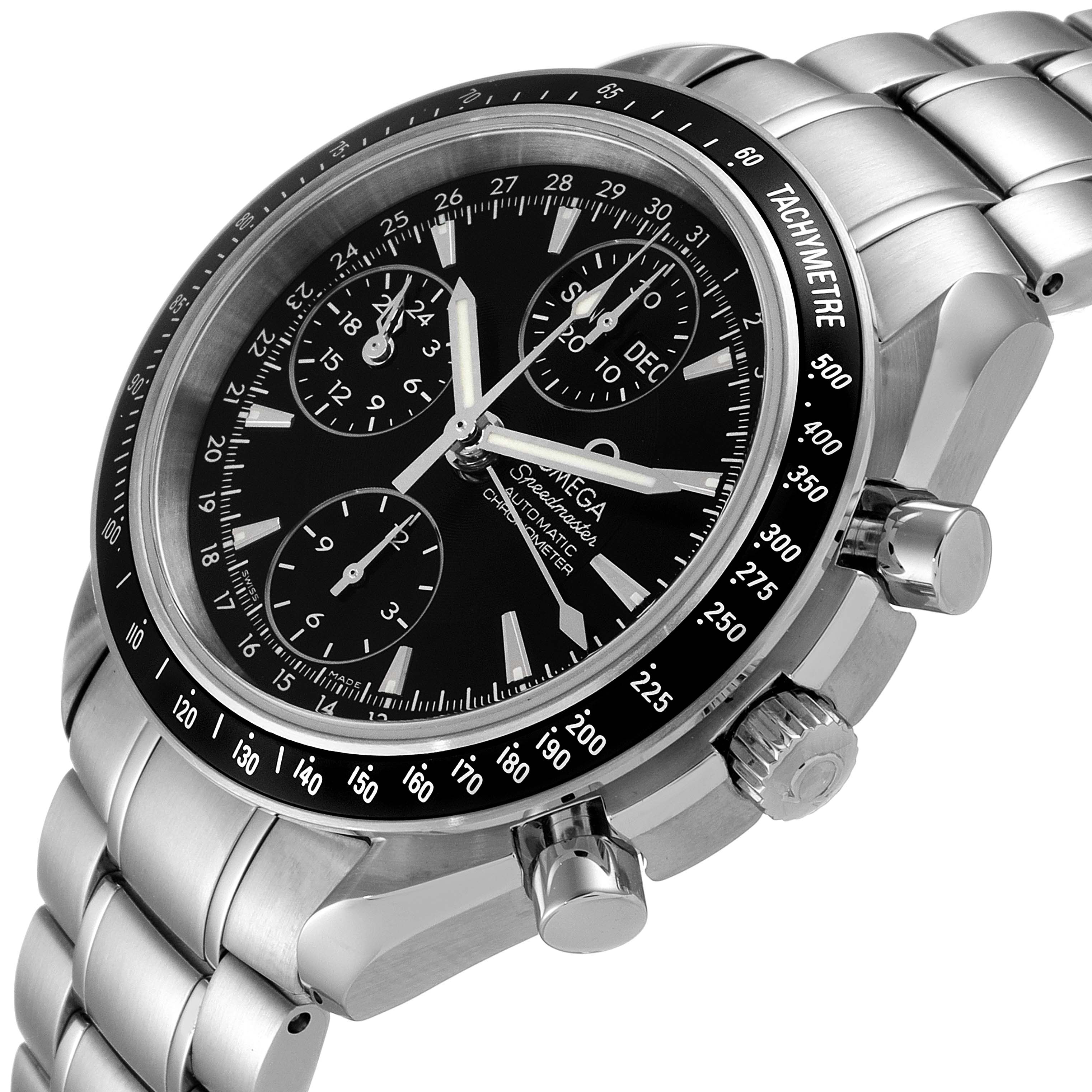 This image shows an angled view of the Omega Speedmaster 3220.50.00 Men's Stainless Steel Black Dial 3220.50.00 Men's Stainless Steel Black Dial watch with a focus on its dial, chronograph subdials, and stainless steel bracelet.