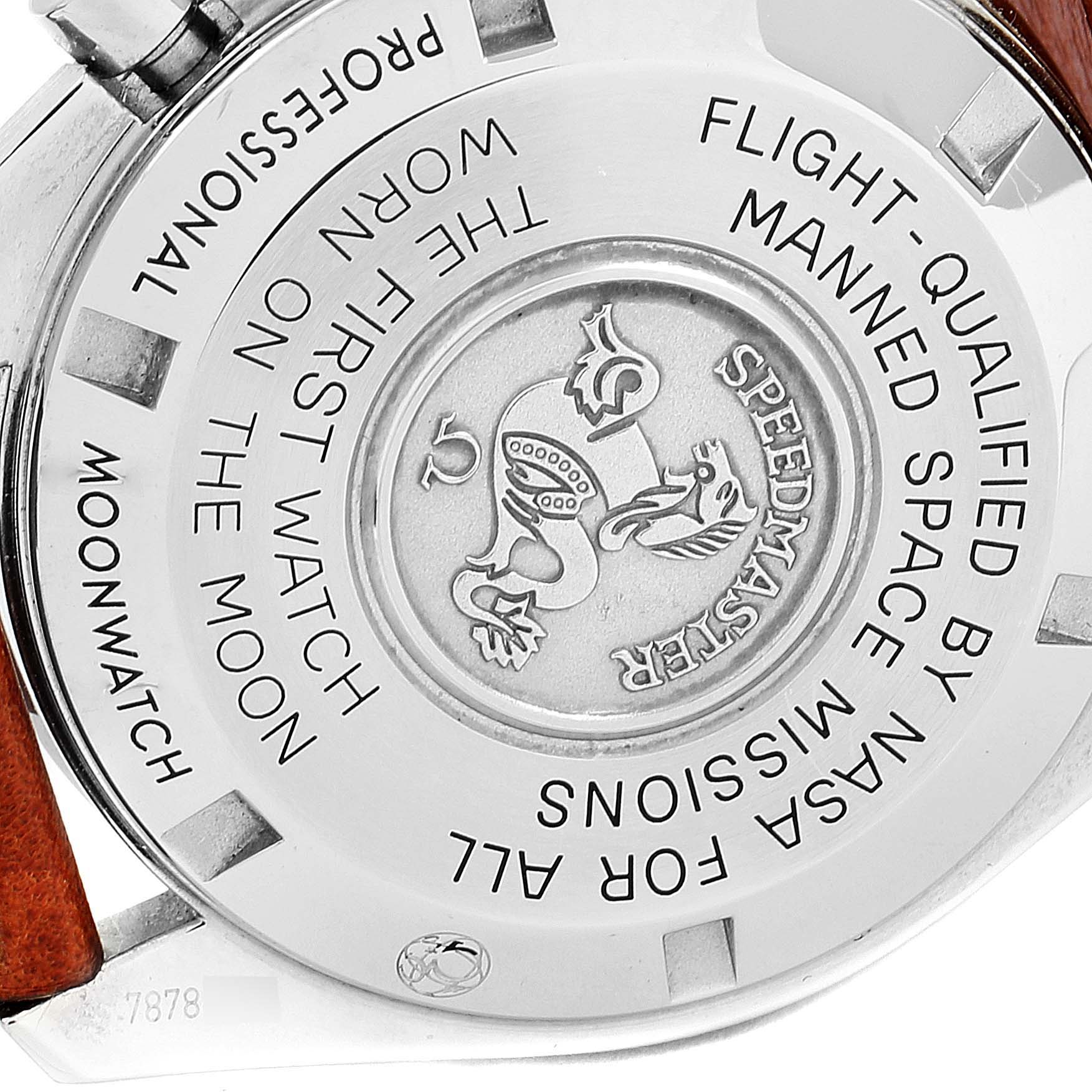 The image shows the back case of an Omega Speedmaster 311.33.42.30.01.001 Men's Stainless Steel Black Dial 311.33.42.30.01.001 Men's Stainless Steel Black Dial watch, displaying its engravings and emblem.