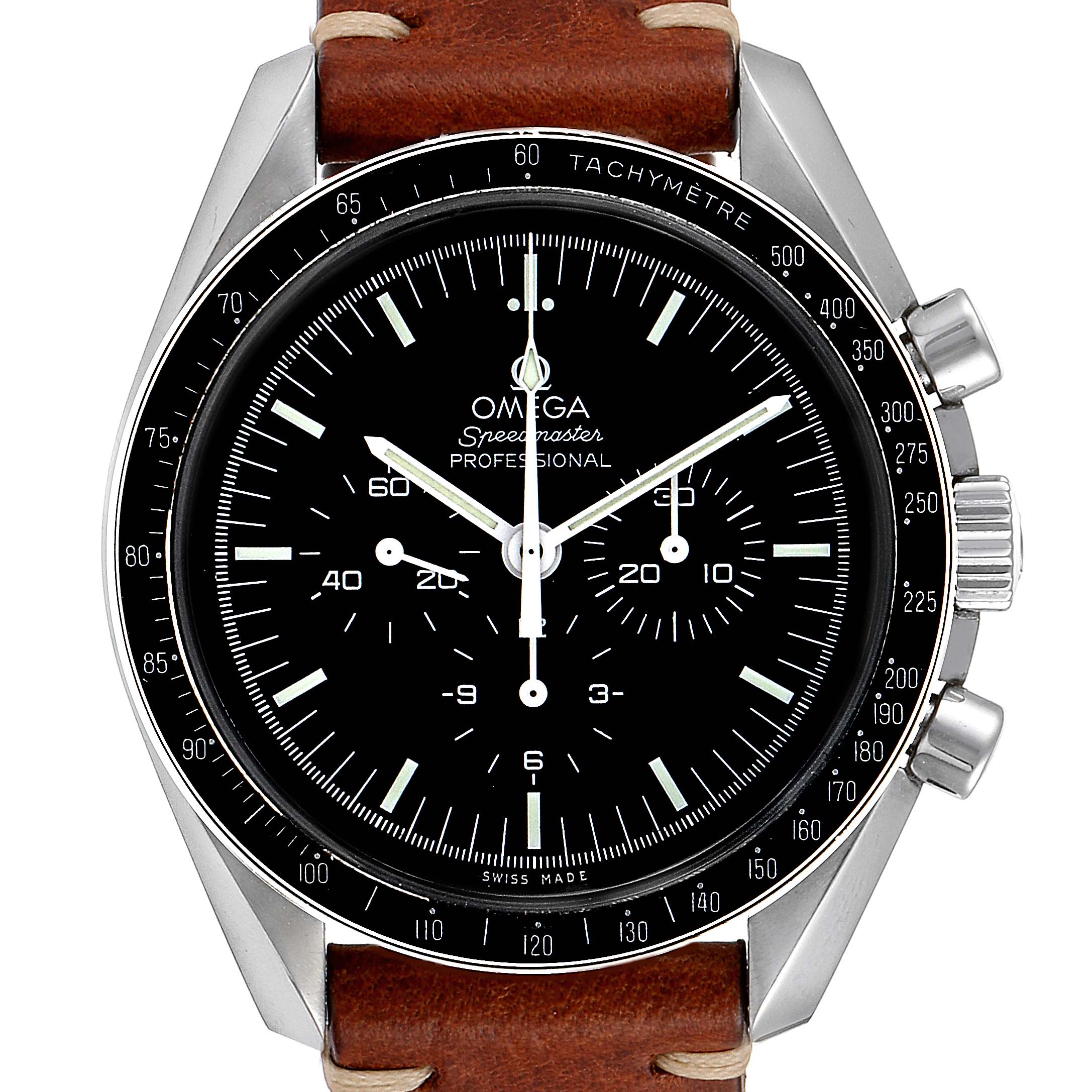 The image shows a front view of the Omega Speedmaster 311.33.42.30.01.001 Men's Stainless Steel Black Dial 311.33.42.30.01.001 Men's Stainless Steel Black Dial watch, highlighting the dial, bezel, pushers, crown, and brown leather strap.