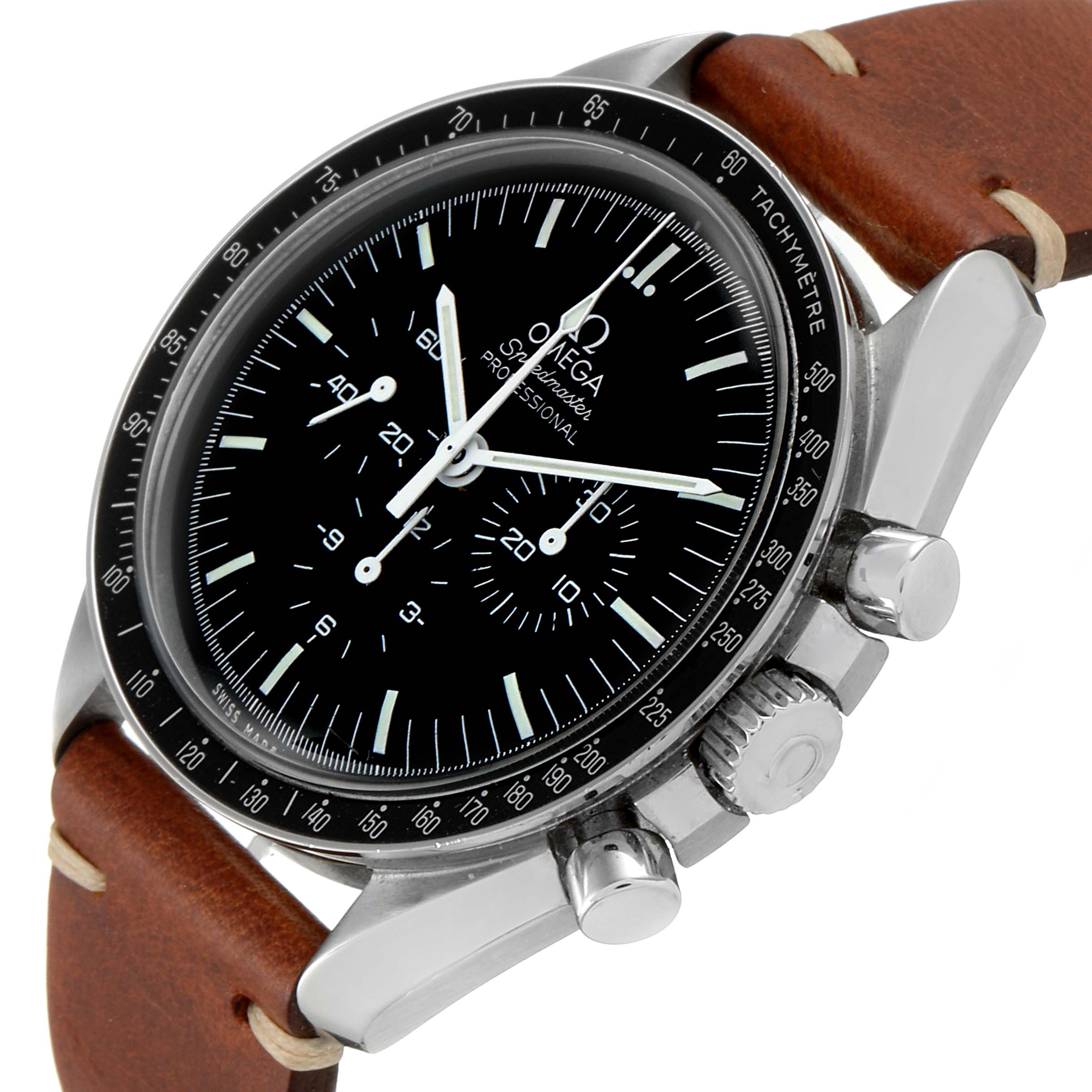 The Omega Speedmaster 311.33.42.30.01.001 Men's Stainless Steel Black Dial 311.33.42.30.01.001 Men's Stainless Steel Black Dial watch is shown from an angled side view, displaying its face, buttons, and brown leather strap.