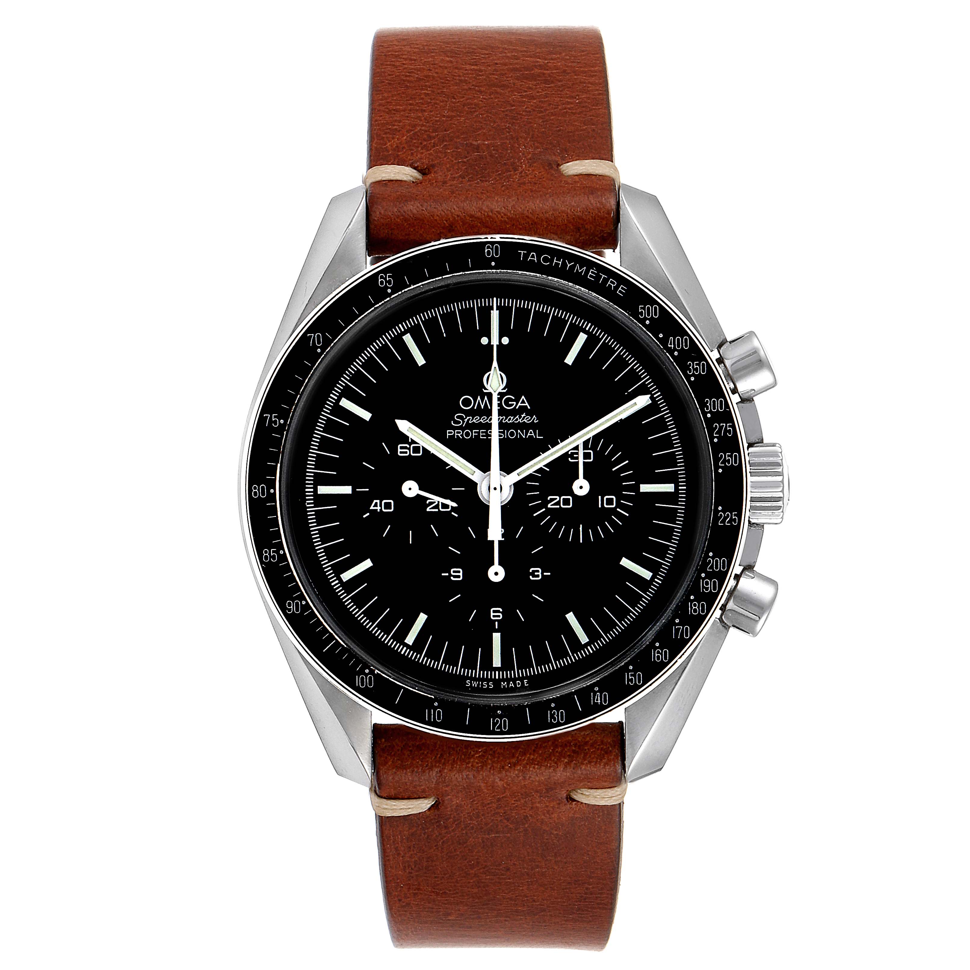 The image shows a front view of an Omega Speedmaster 311.33.42.30.01.001 Men's Stainless Steel Black Dial 311.33.42.30.01.001 Men's Stainless Steel Black Dial watch with a brown leather strap and tachymeter bezel.