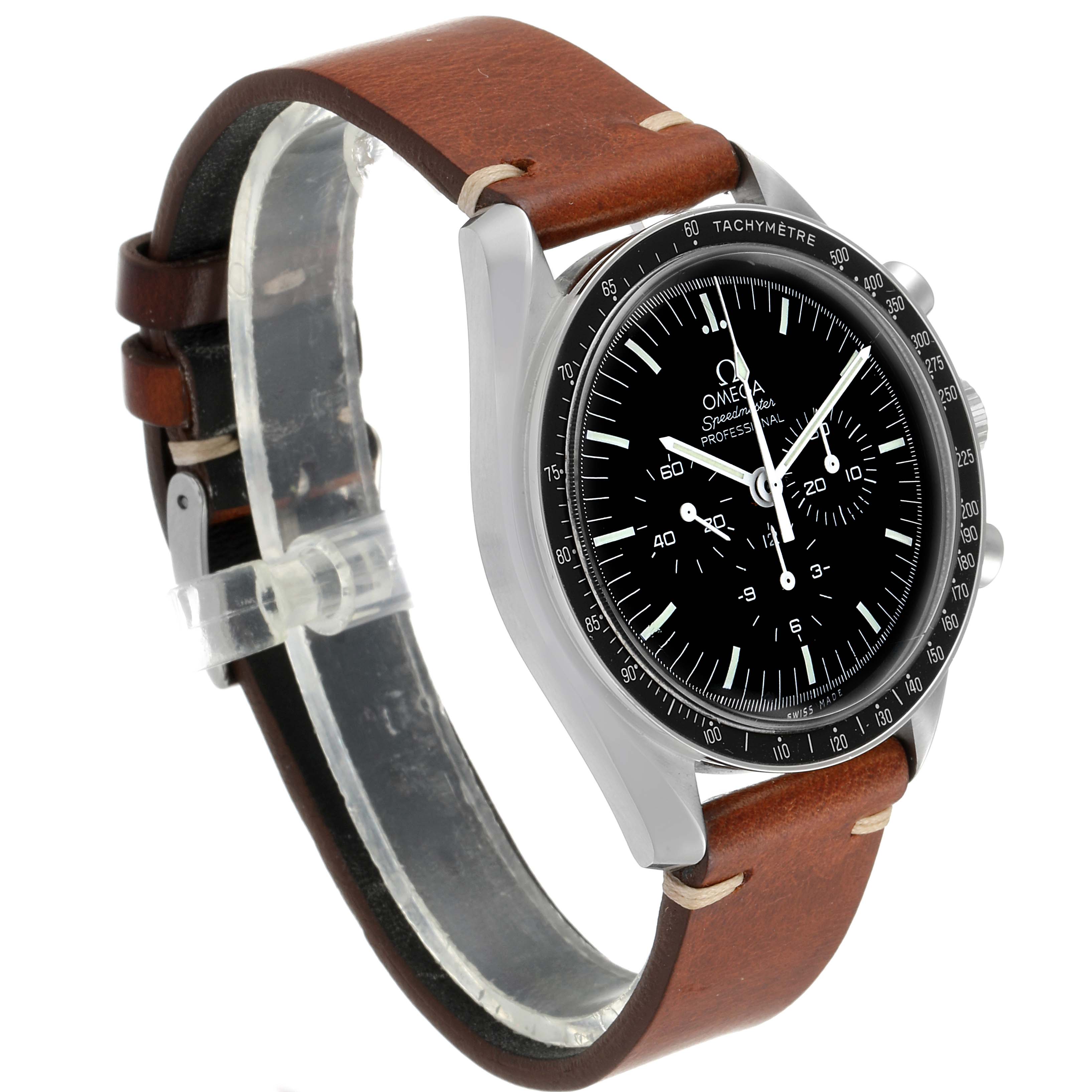 The Omega Speedmaster 311.33.42.30.01.001 Men's Stainless Steel Black Dial 311.33.42.30.01.001 Men's Stainless Steel Black Dial watch is shown at a three-quarter angle, displaying its brown leather strap and black dial.