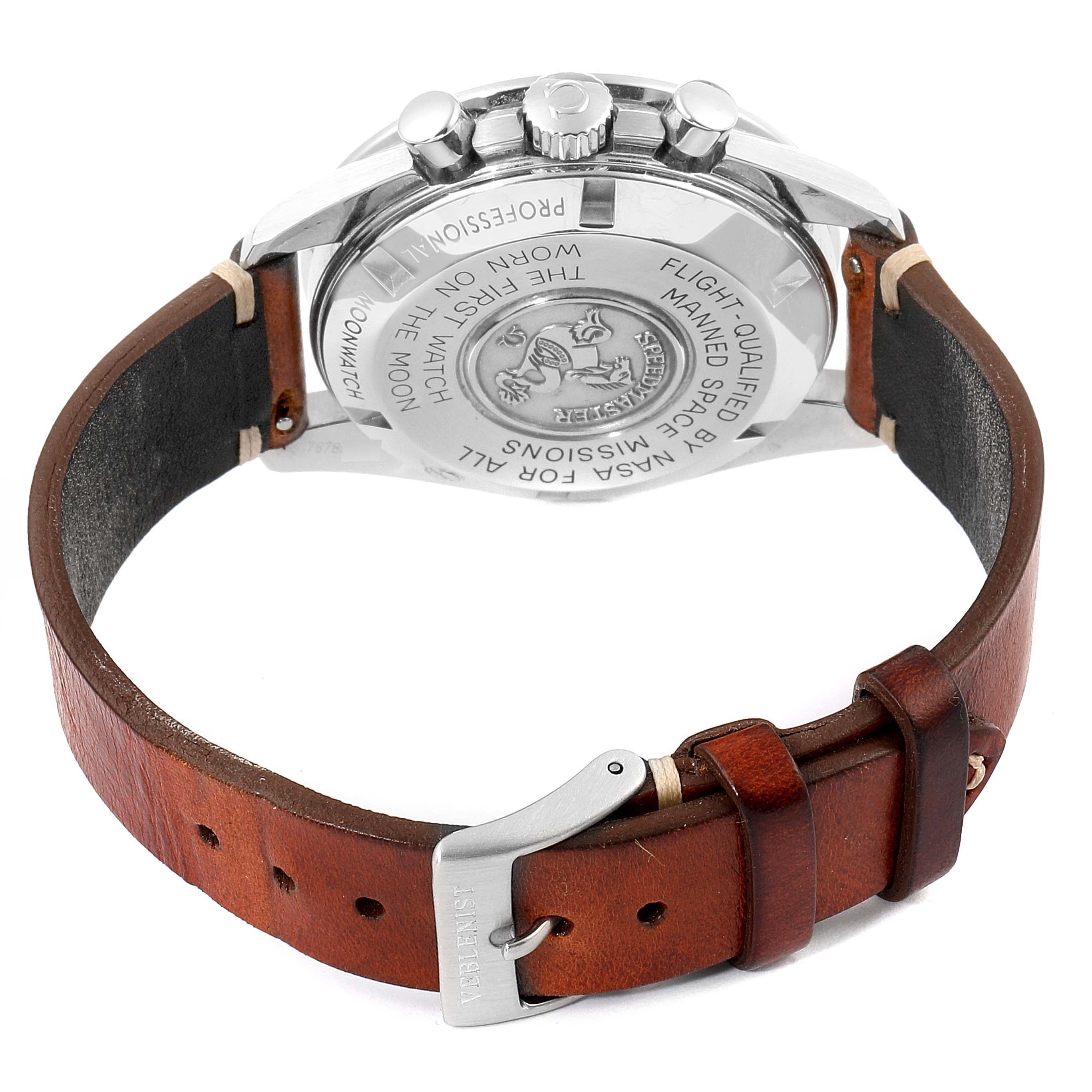 This image shows the back view and leather strap of an Omega Speedmaster 311.33.42.30.01.001 Men's Stainless Steel Black Dial 311.33.42.30.01.001 Men's Stainless Steel Black Dial watch.