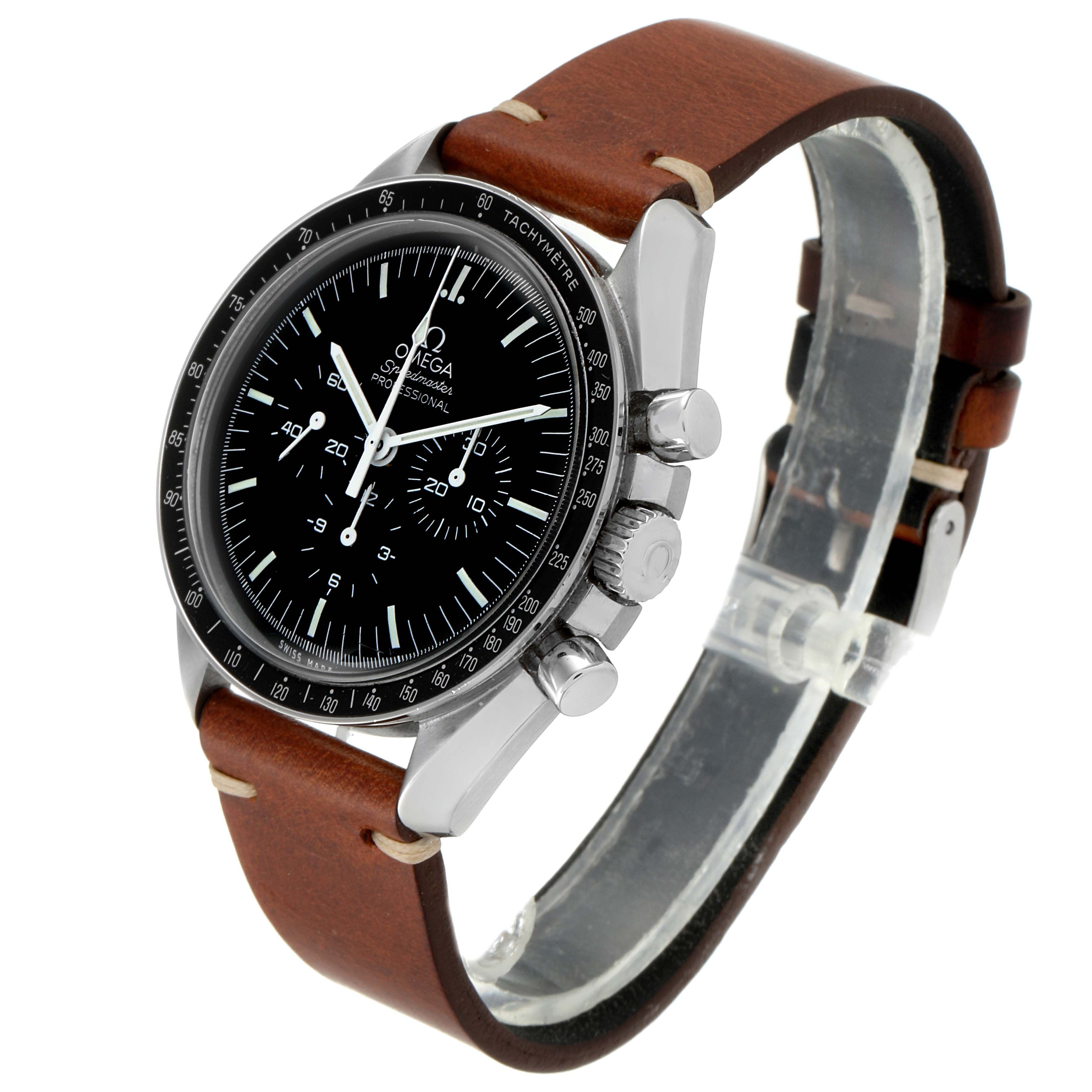 The Omega Speedmaster 311.33.42.30.01.001 Men's Stainless Steel Black Dial 311.33.42.30.01.001 Men's Stainless Steel Black Dial watch is shown from a front-left angle, displaying its dial, bezel, push buttons, and leather strap.