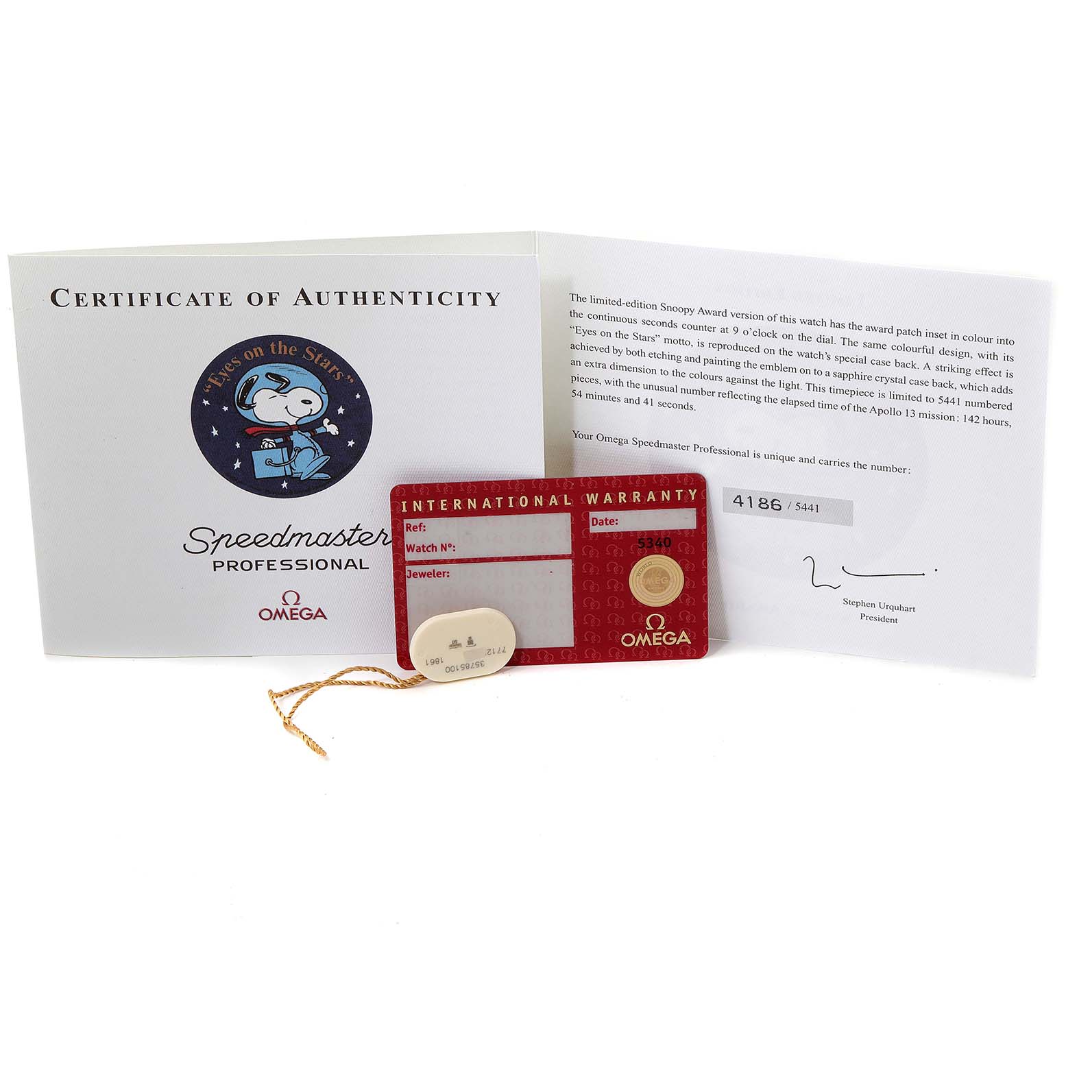 The image shows a Certificate of Authenticity, an International Warranty card, and additional documents for the Omega Speedmaster 3578.51.00 Men's Stainless Steel Black Dial 3578.51.00 Men's Stainless Steel Black Dial Professional.