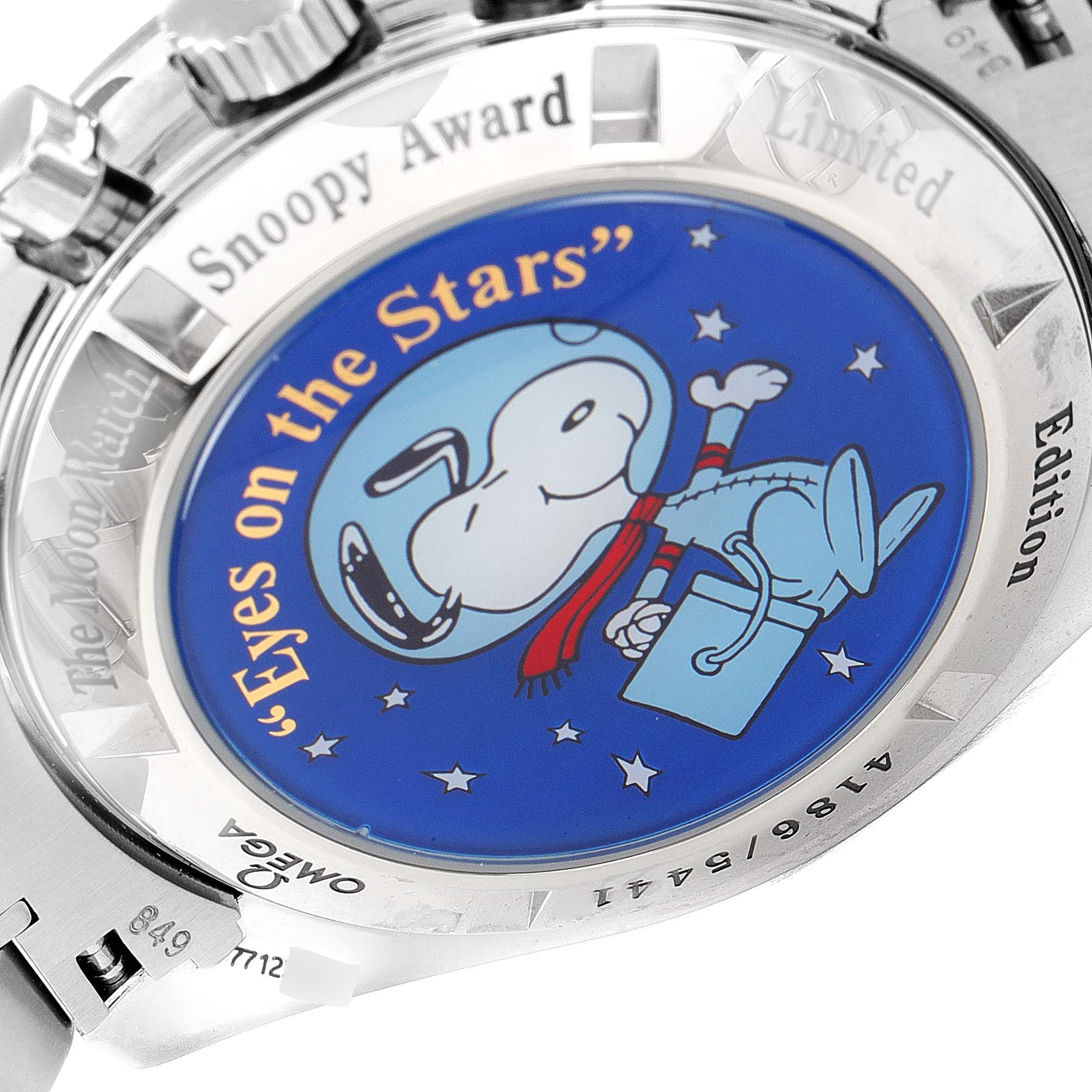 The image shows the back case of an Omega Speedmaster 3578.51.00 Men's Stainless Steel Black Dial 3578.51.00 Men's Stainless Steel Black Dial watch, featuring the Snoopy Award "Eyes on the Stars" design.
