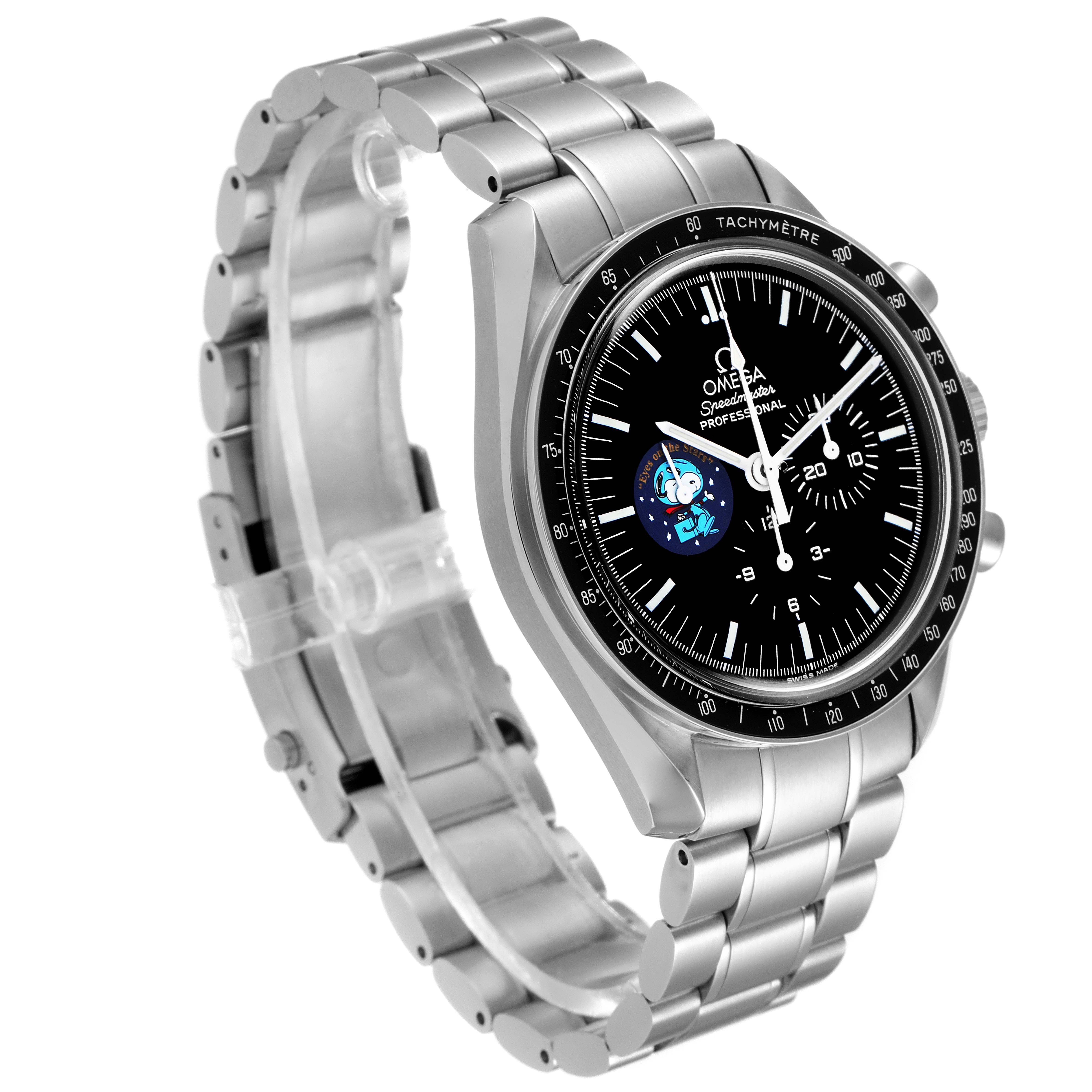 The Omega Speedmaster 3578.51.00 Men's Stainless Steel Black Dial 3578.51.00 Men's Stainless Steel Black Dial watch is shown at an angled side view, displaying the face, bezel, and part of the stainless steel bracelet.