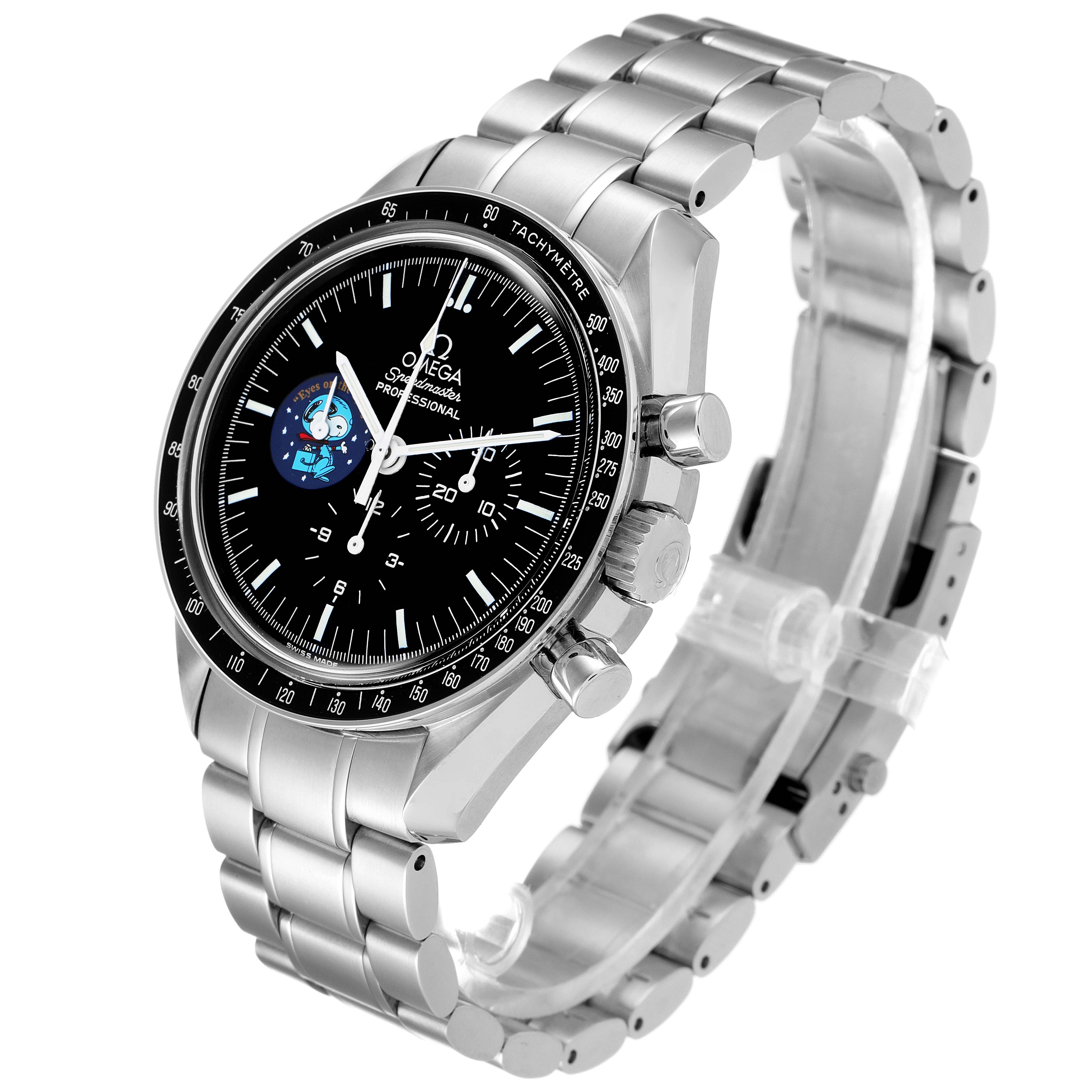 The image shows an angled view of the Omega Speedmaster 3578.51.00 Men's Stainless Steel Black Dial 3578.51.00 Men's Stainless Steel Black Dial watch, highlighting its face, tachymeter bezel, and stainless steel bracelet.