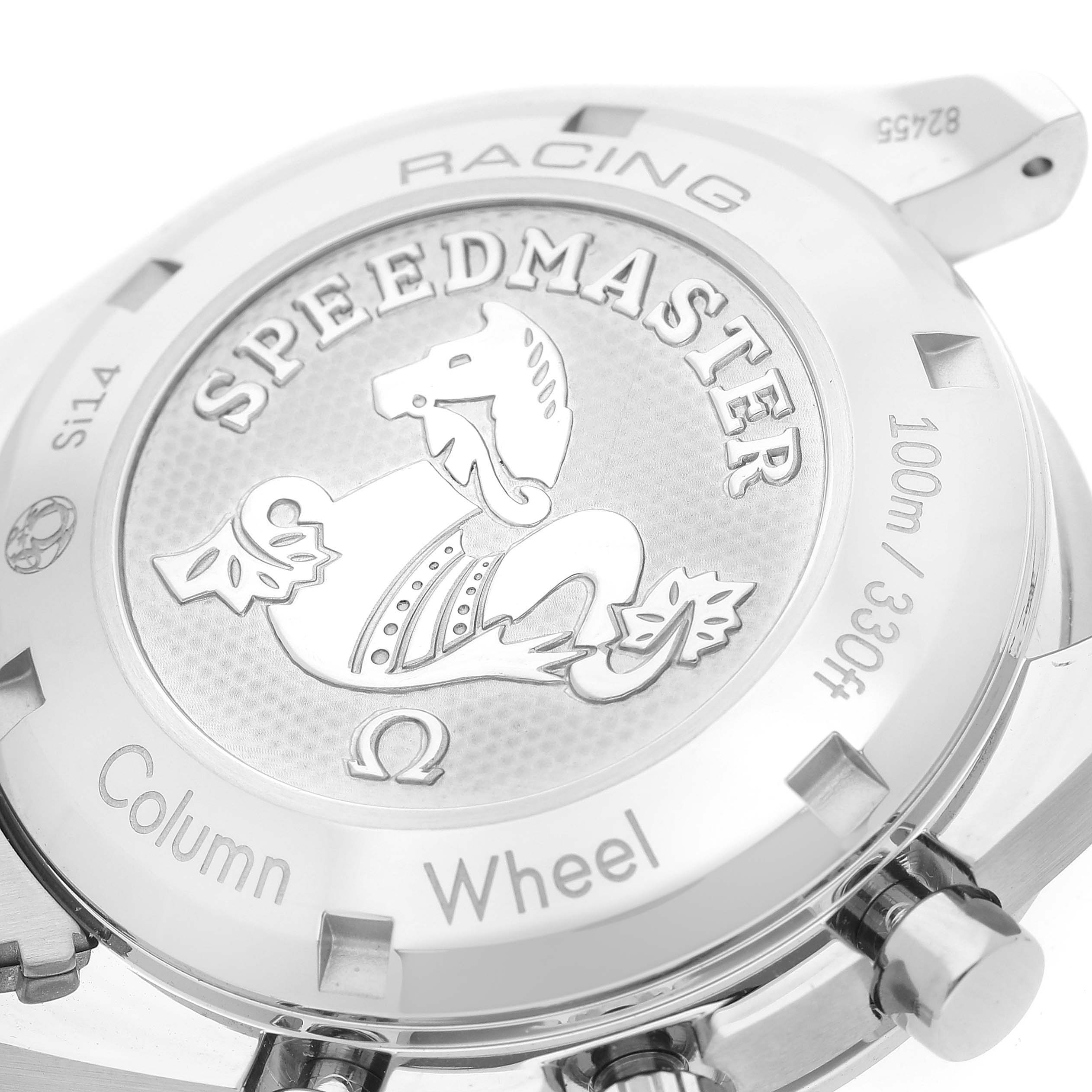 The image shows the back case of an Omega Speedmaster 326.30.40.50.03.001 Men
s Stainless Steel Blue Dial 326.30.40.50.03.001 Men
s Stainless Steel Blue Dial watch, highlighting the logo and water resistance marking.