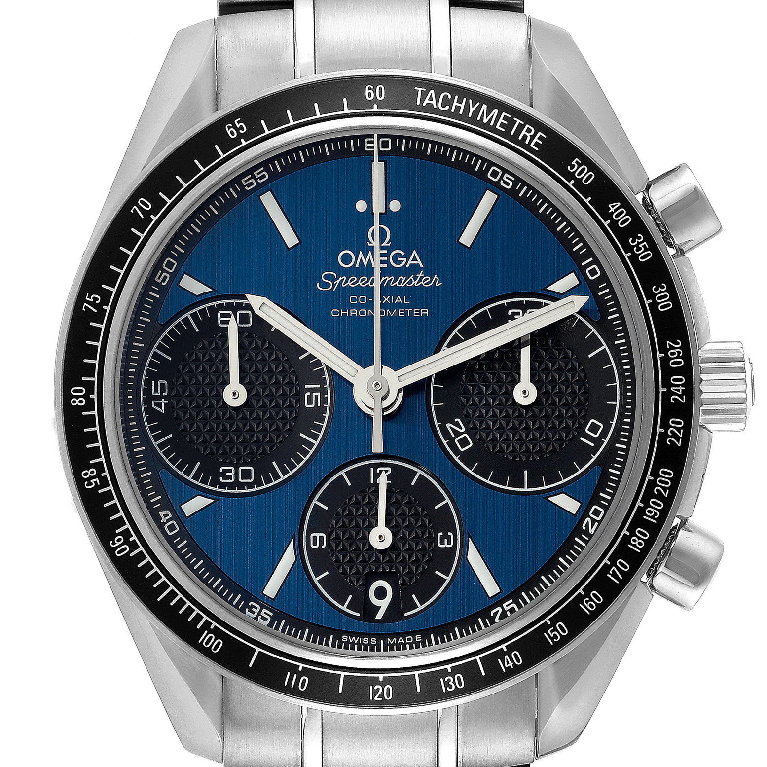 The image shows a front view of an Omega Speedmaster 326.30.40.50.03.001 Men
s Stainless Steel Blue Dial 326.30.40.50.03.001 Men
s Stainless Steel Blue Dial watch with a blue dial and three subdials.