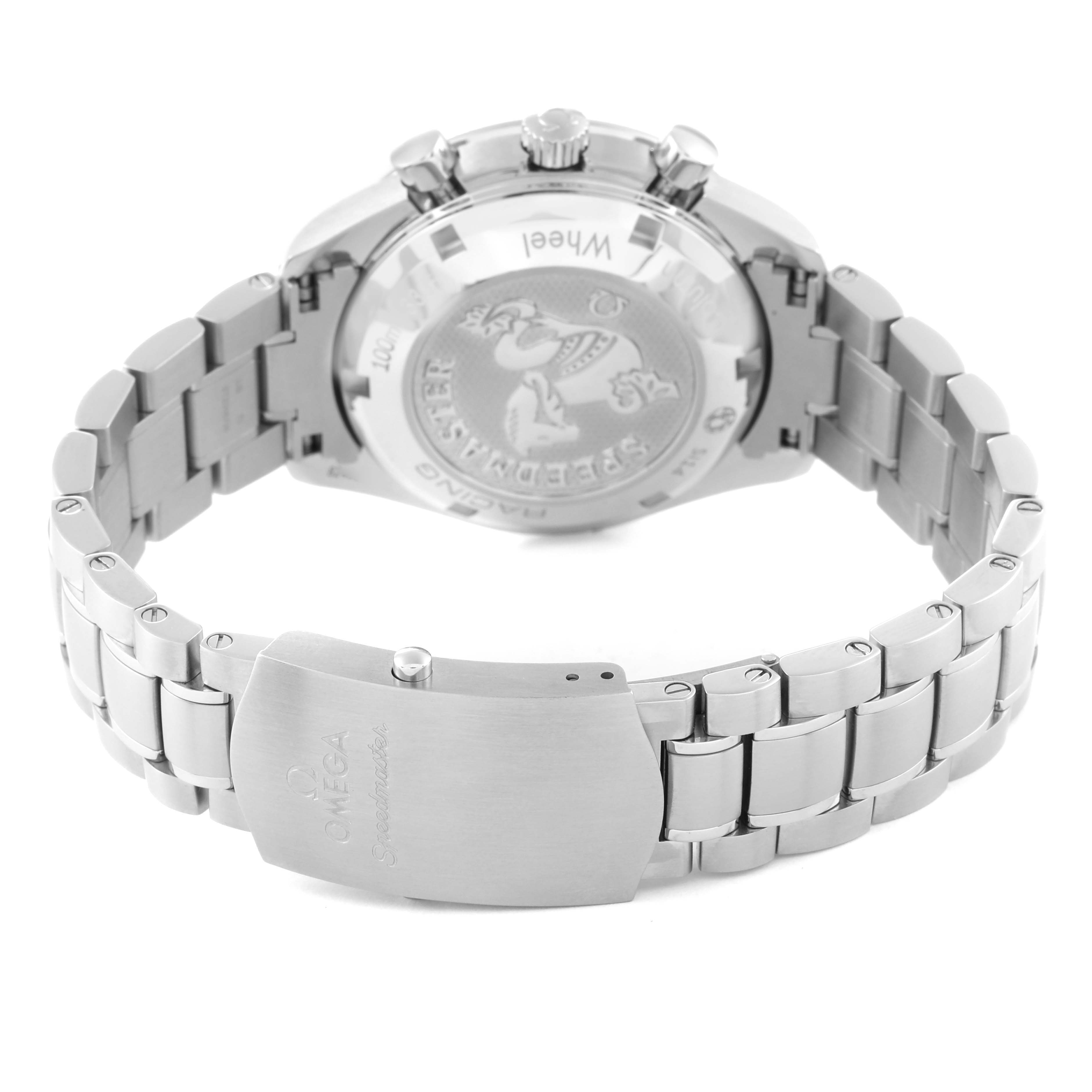 The image shows the Omega Speedmaster 326.30.40.50.03.001 Men
s Stainless Steel Blue Dial 326.30.40.50.03.001 Men
s Stainless Steel Blue Dial watch from the back, highlighting its stainless steel bracelet and engraved case back.