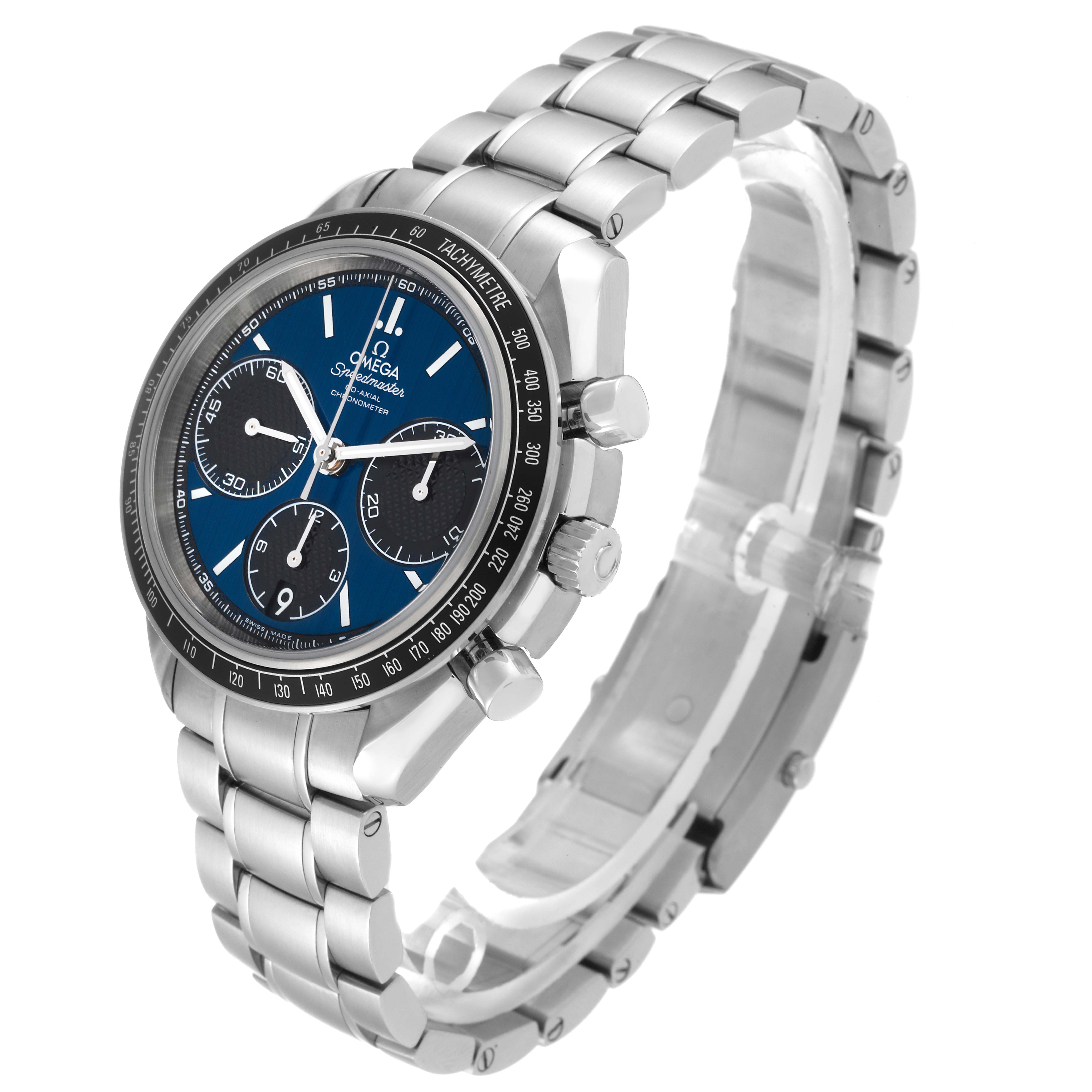 The image shows an Omega Speedmaster 326.30.40.50.03.001 Men
s Stainless Steel Blue Dial 326.30.40.50.03.001 Men
s Stainless Steel Blue Dial watch at an angle, highlighting the face, bezel, pushers, and stainless steel bracelet.