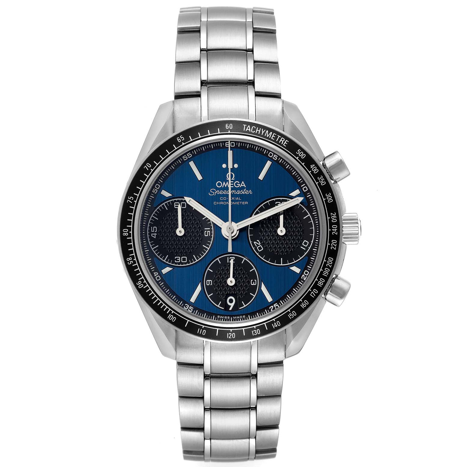 The image shows a front view of the Omega Speedmaster 326.30.40.50.03.001 Men
s Stainless Steel Blue Dial 326.30.40.50.03.001 Men
s Stainless Steel Blue Dial watch, highlighting its dial, tachymeter, and bracelet.