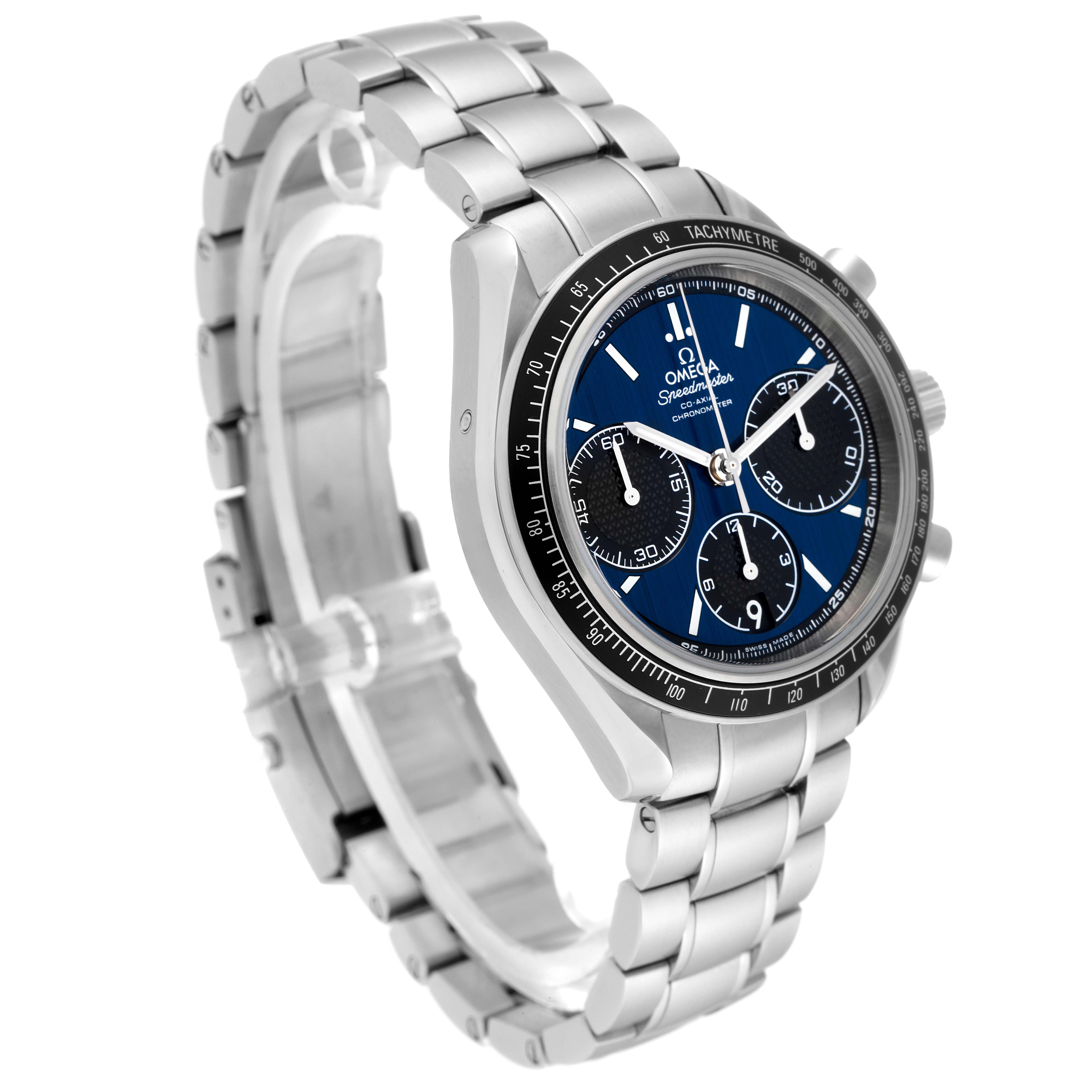This image displays an angled view of an Omega Speedmaster 326.30.40.50.03.001 Men
s Stainless Steel Blue Dial 326.30.40.50.03.001 Men
s Stainless Steel Blue Dial watch, highlighting its silver bracelet, blue dial, and chronograph features.
