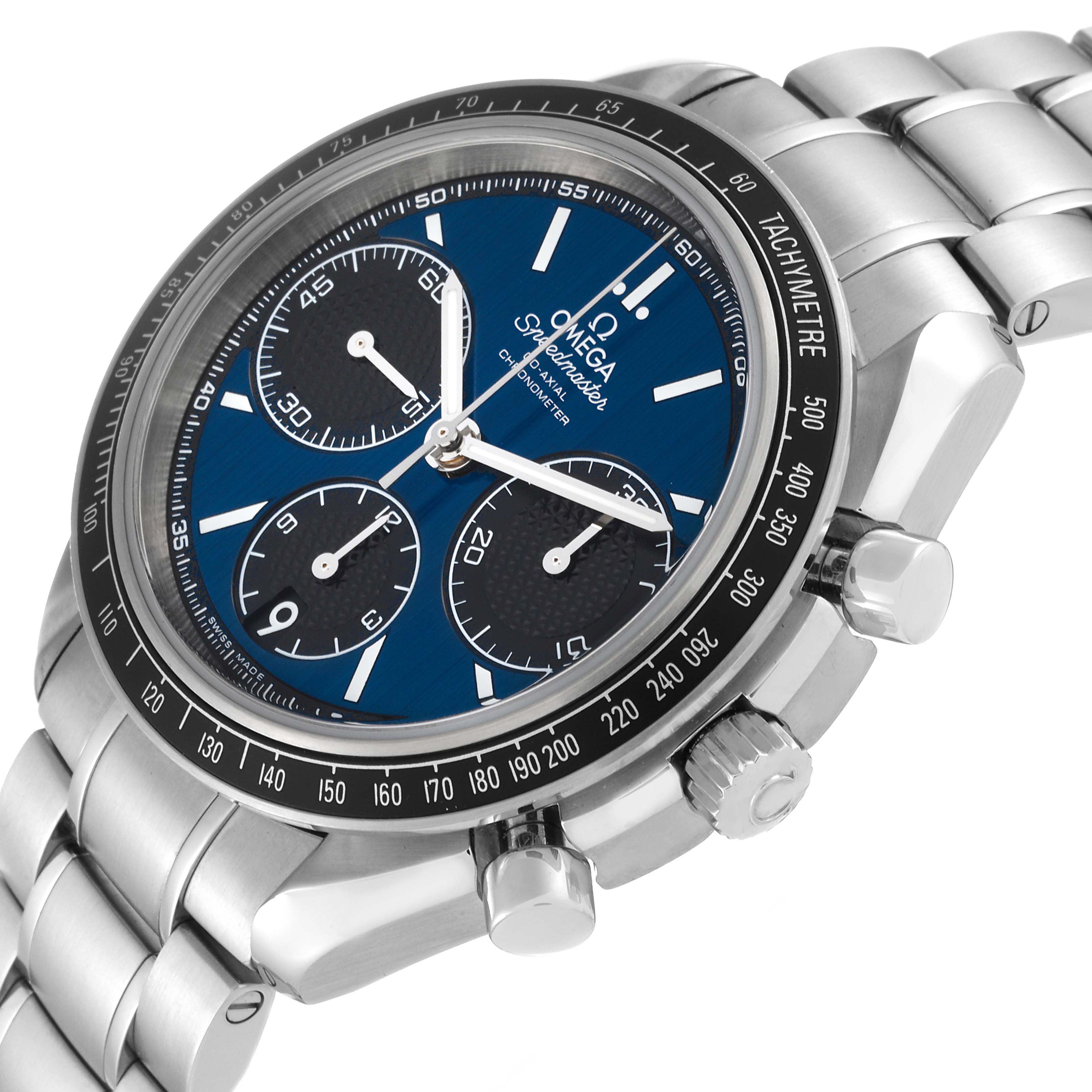 This Omega Speedmaster 326.30.40.50.03.001 Men
s Stainless Steel Blue Dial 326.30.40.50.03.001 Men
s Stainless Steel Blue Dial watch is shown at a tilted angle, highlighting the dial, tachymeter bezel, and stainless steel bracelet.