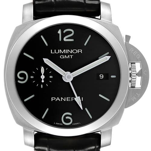 The Panerai Luminor PAM00320 Men's Stainless Steel Black Dial watch is shown from the front, displaying its dial, hands, numerals, and crown protector.