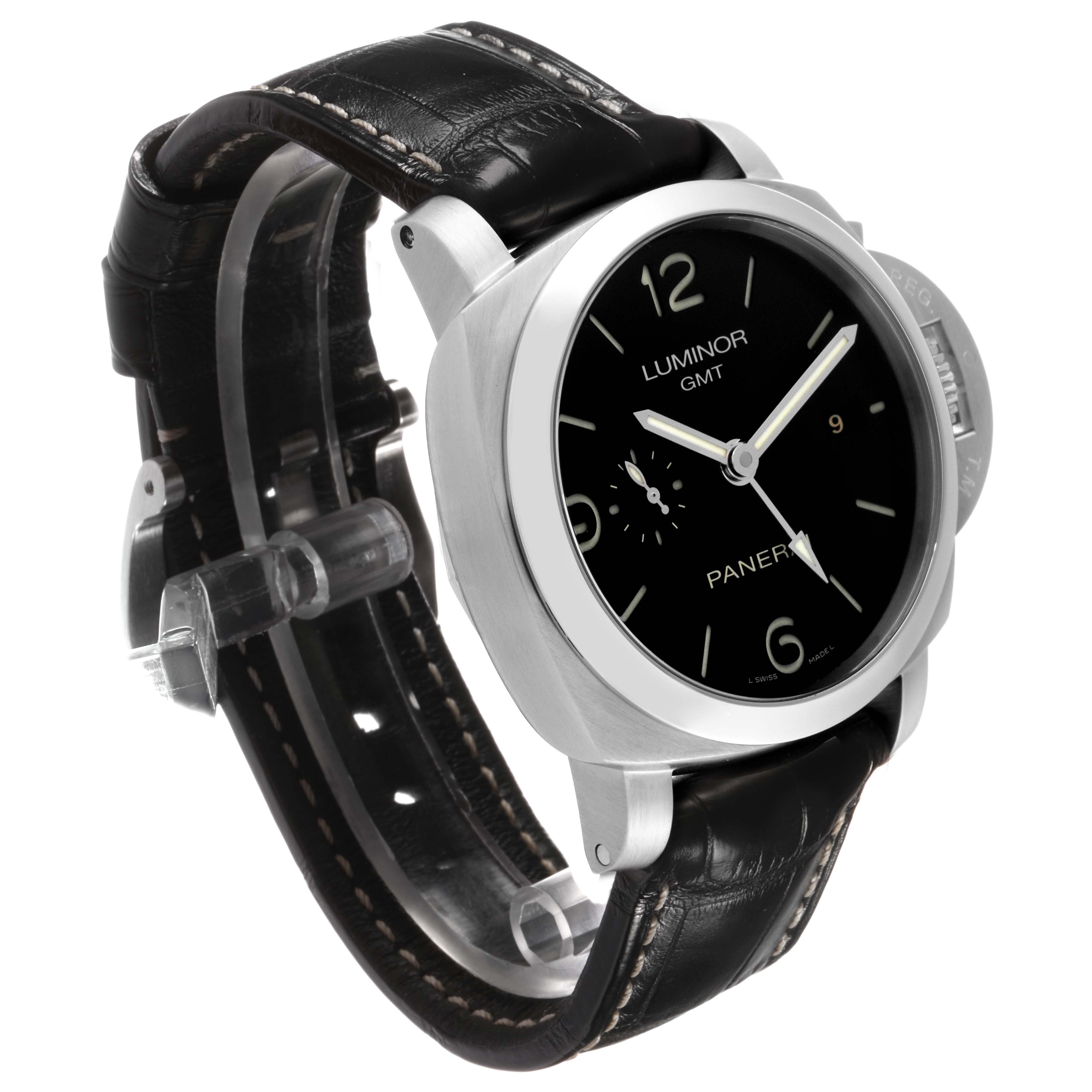 The Panerai Luminor PAM00320 Men's Stainless Steel Black Dial watch is shown at a three-quarter angle, highlighting its dial, case, and leather strap.