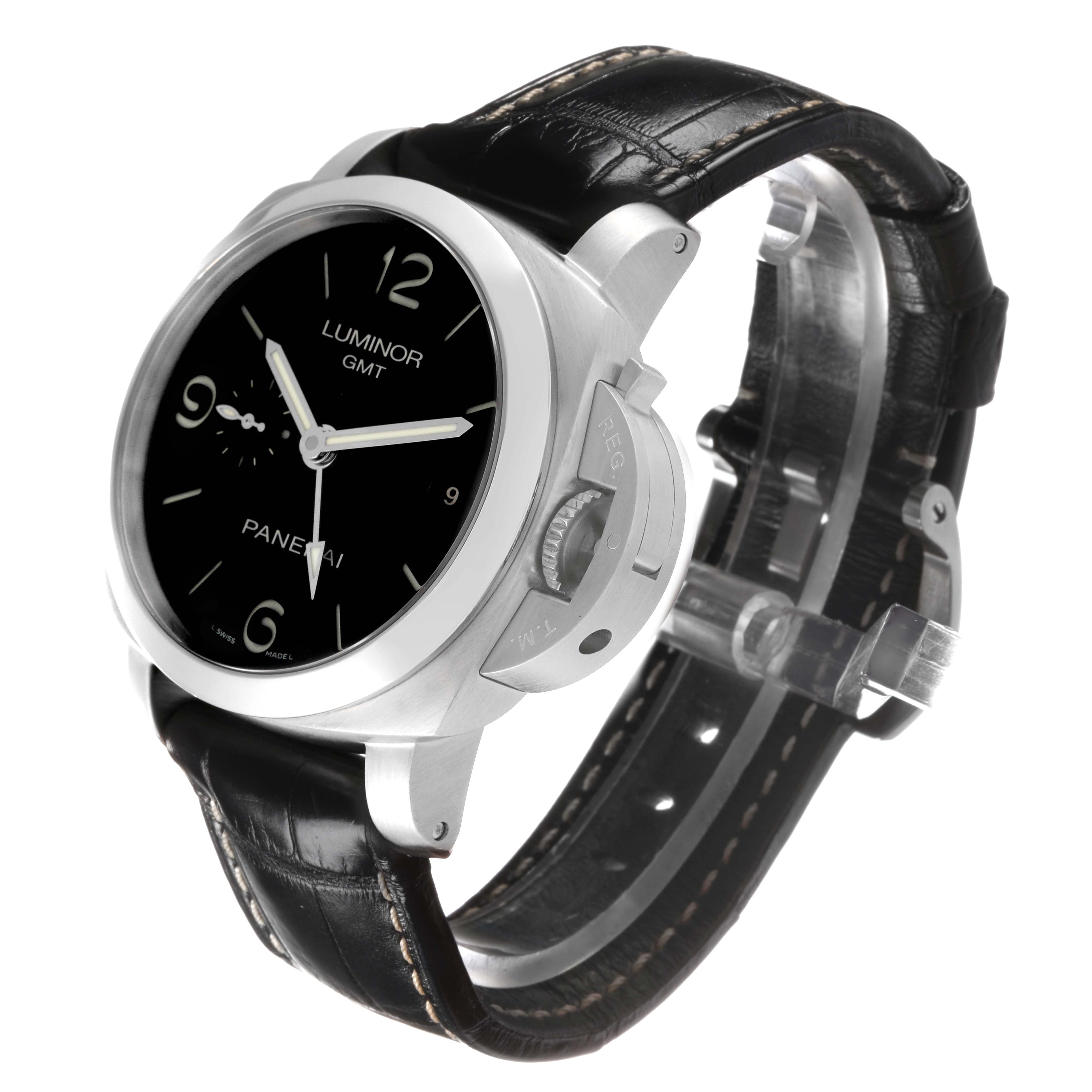 The Panerai Luminor PAM00320 Men's Stainless Steel Black Dial watch is shown at a slight angle, displaying the face, crown guard, and black leather strap.